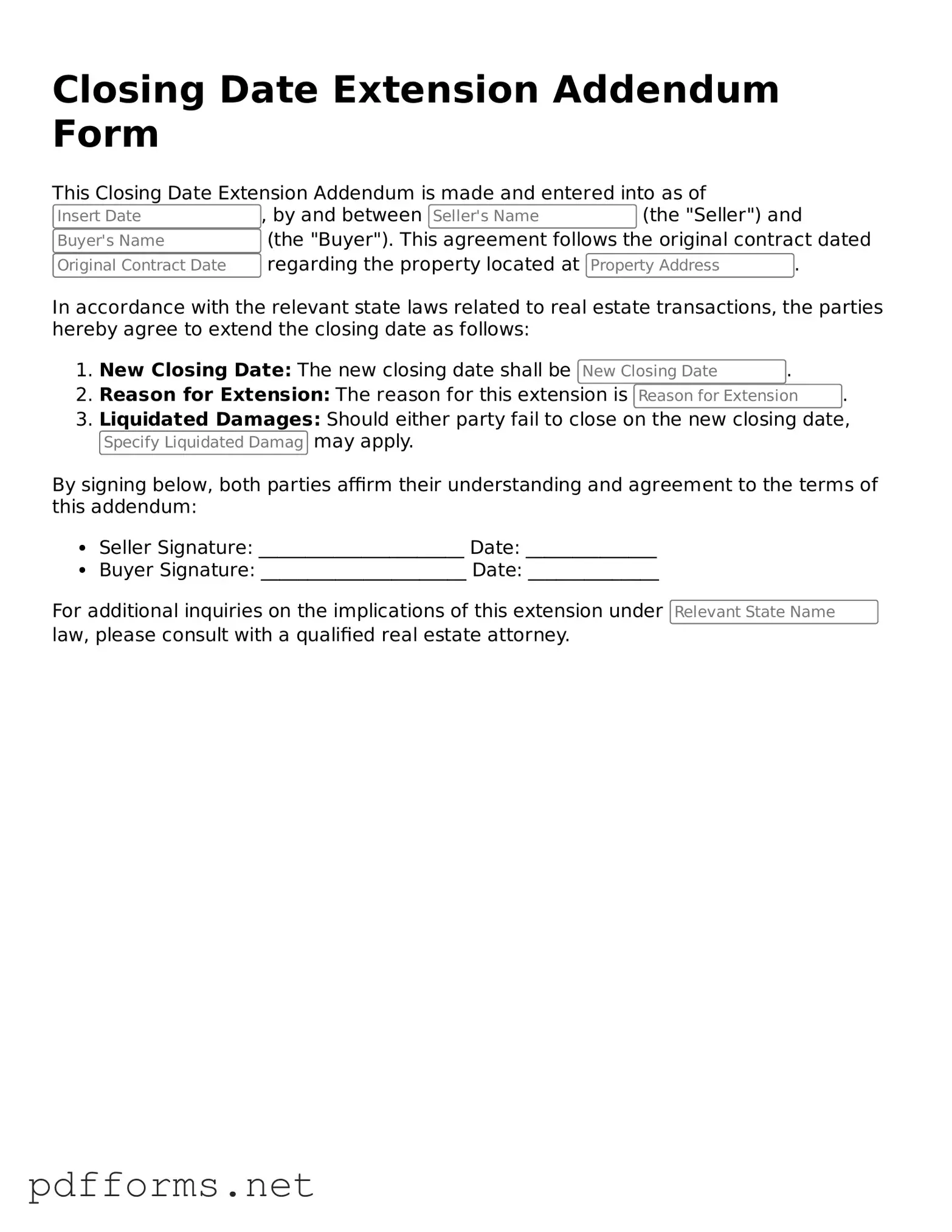 Official Closing Date Extension Addendum Form Template