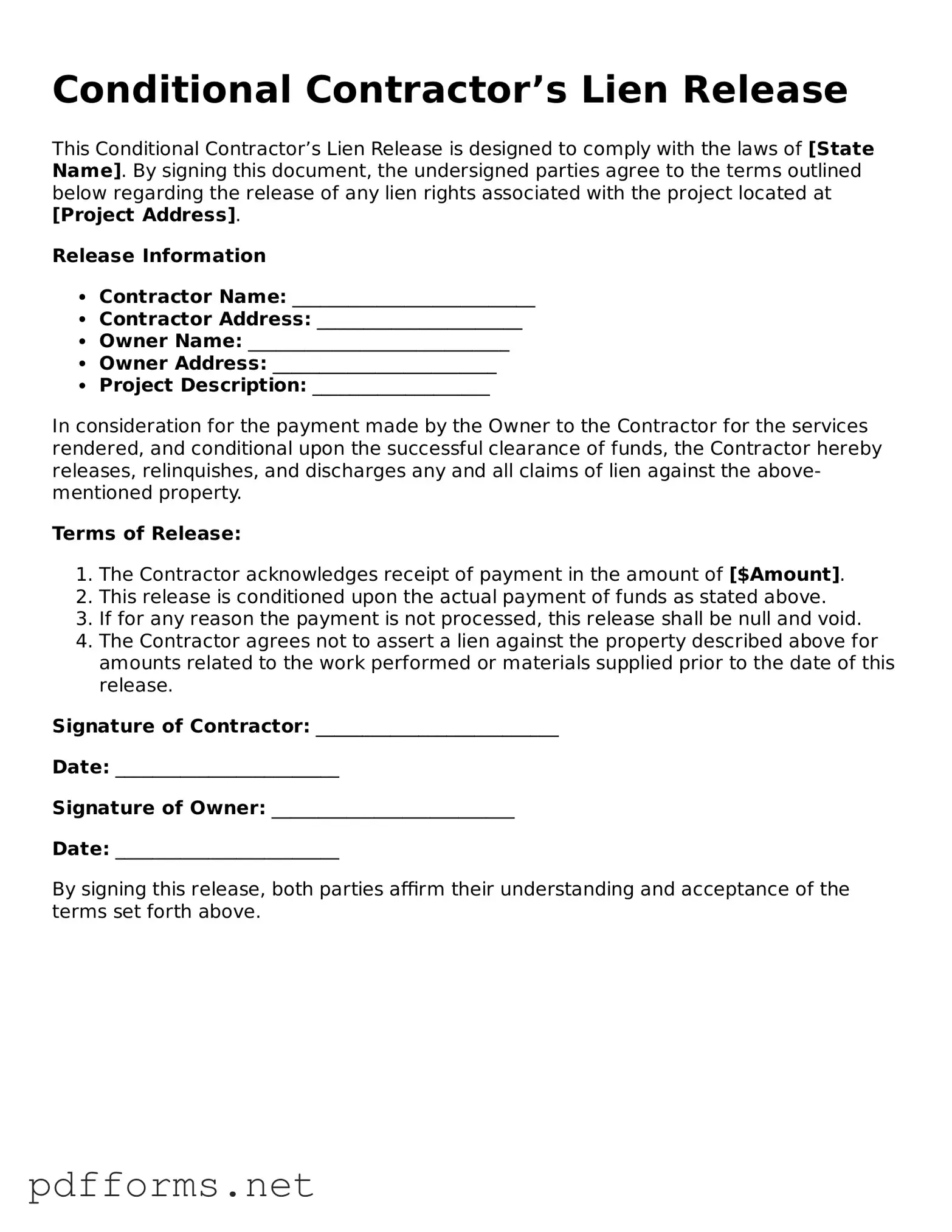 Official Conditional Contractor’s Lien Release Template