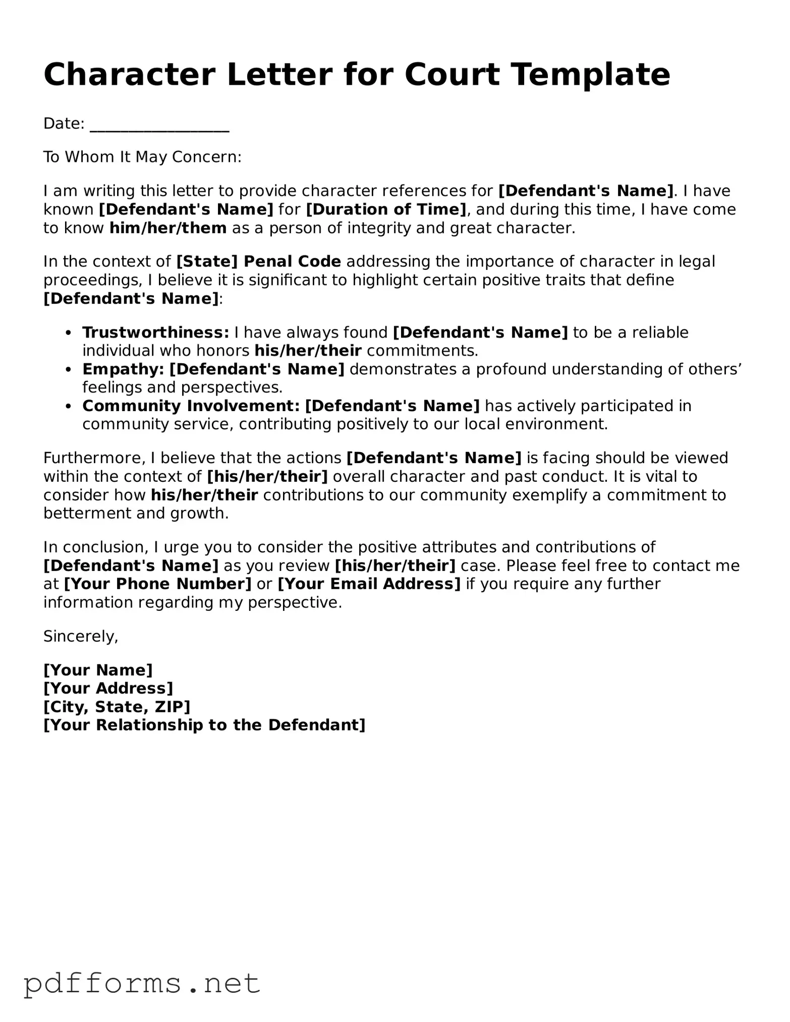 Official Character Letter for Court Template