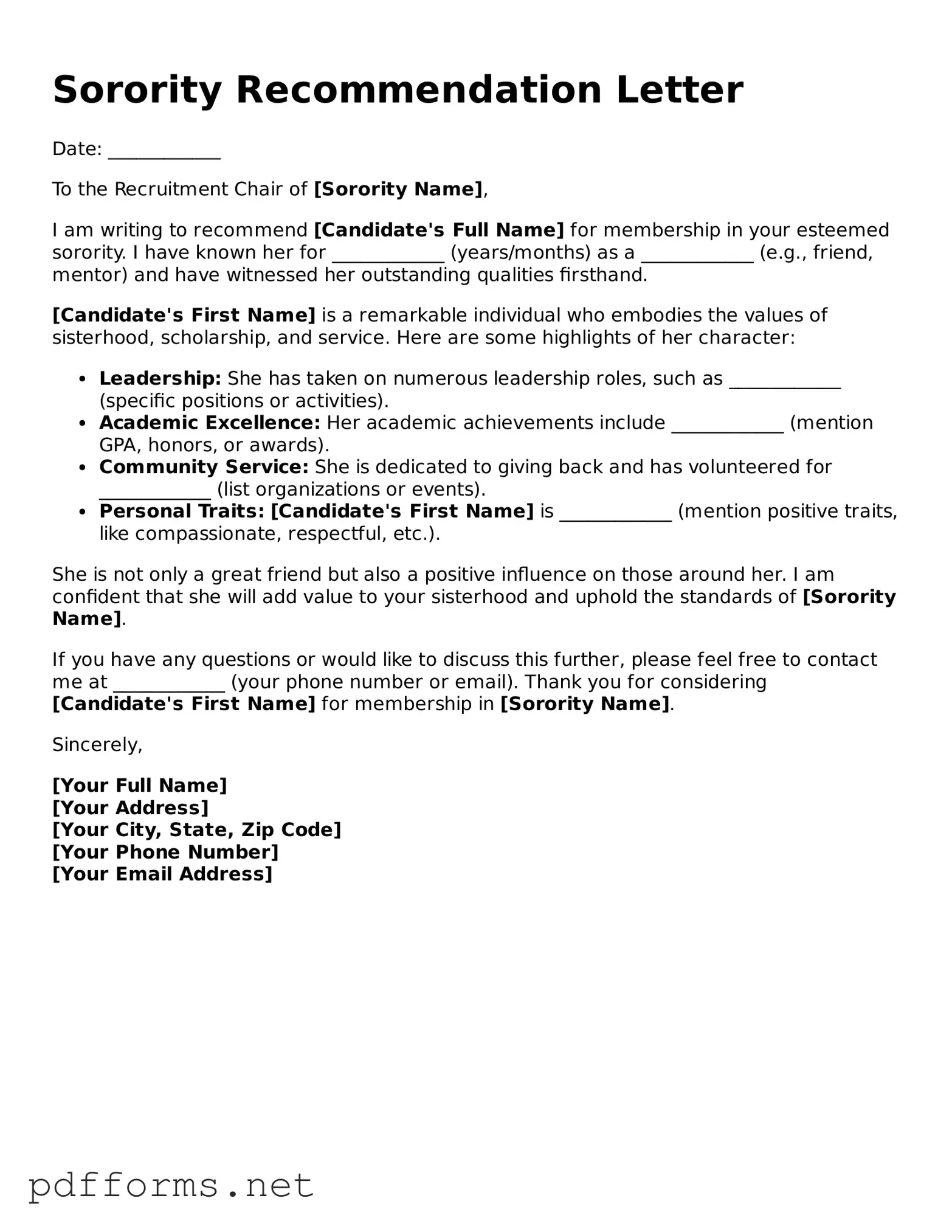 Official Sorority Recommendation Letter Template