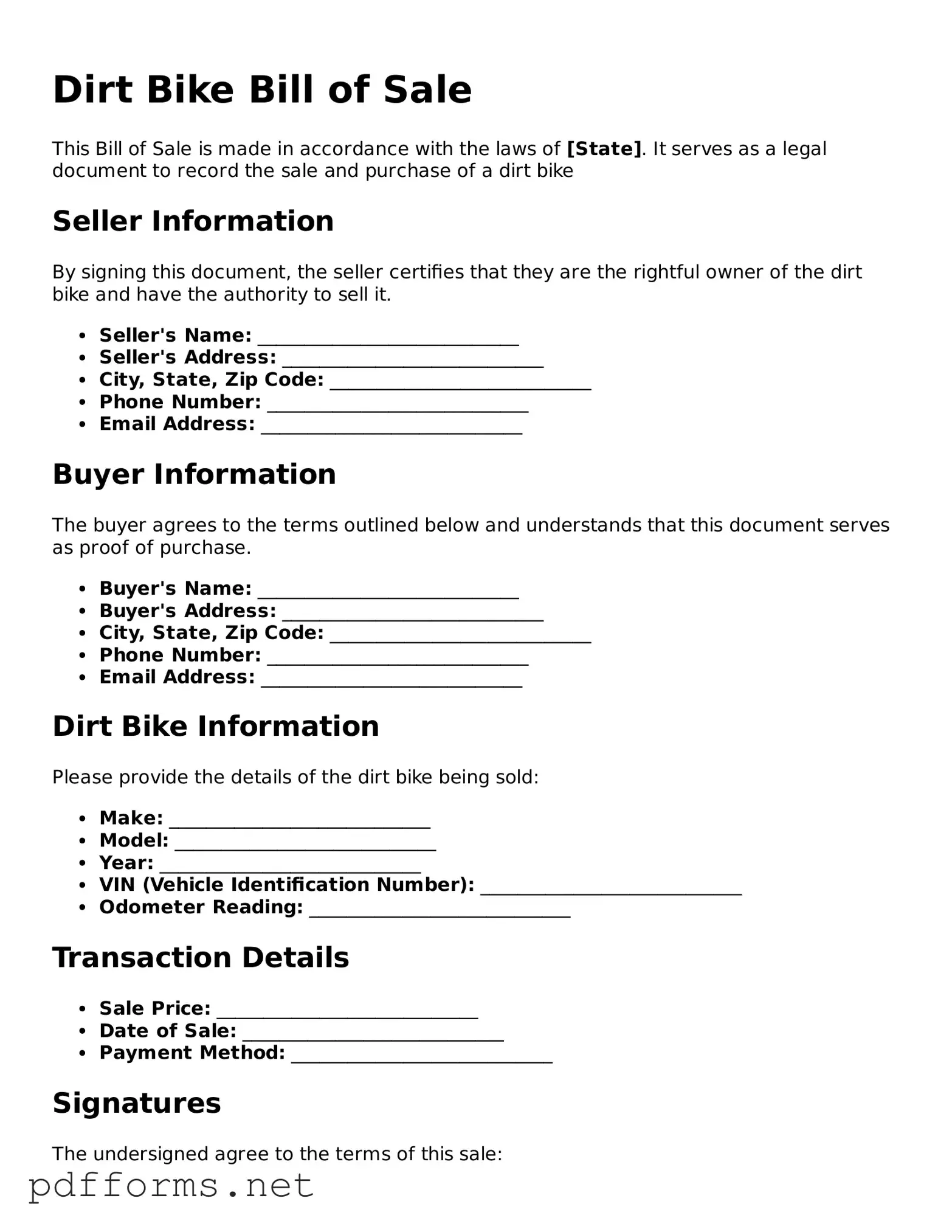 Official Dirt Bike Bill of Sale Template