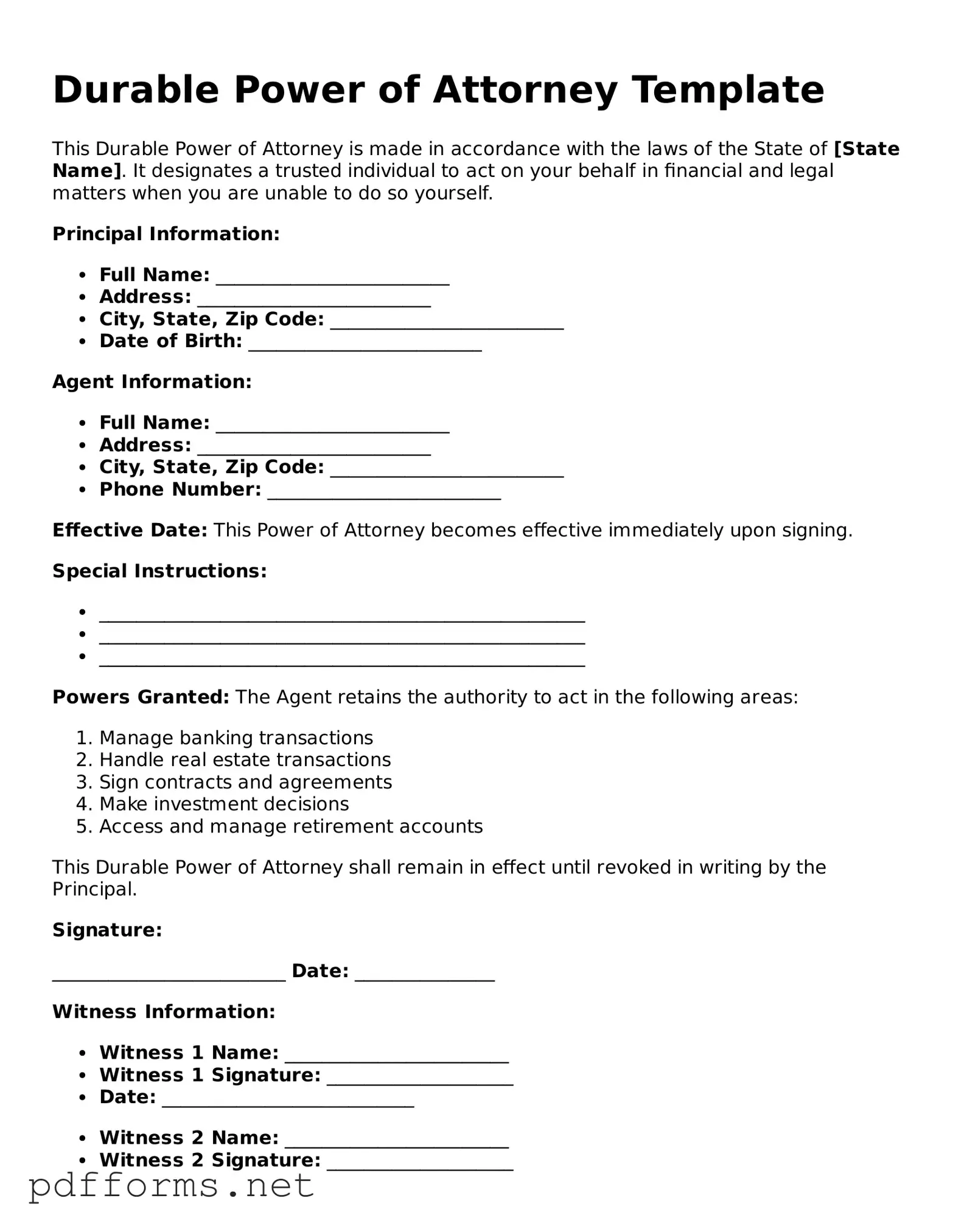 Official Durable Power of Attorney Template