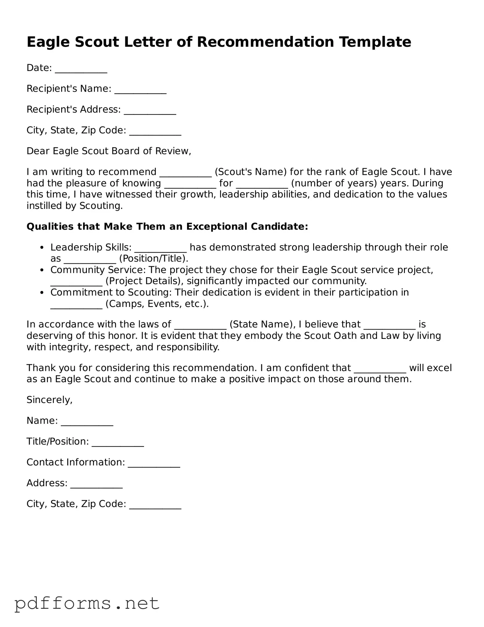 Official Eagle Scout Letter of Recommendation Template
