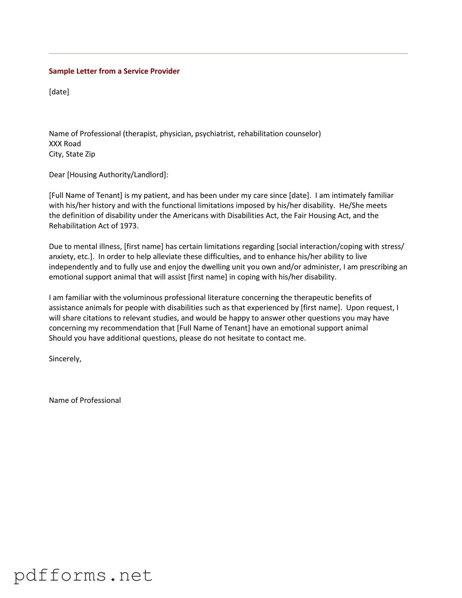 Download Emotional Support Animal Letter Template