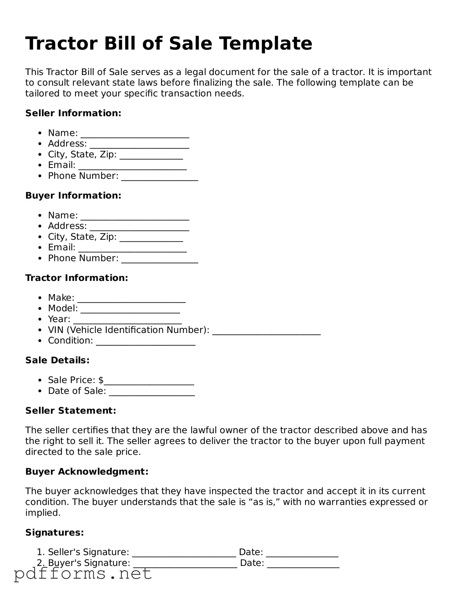 Official Tractor Bill of Sale Template