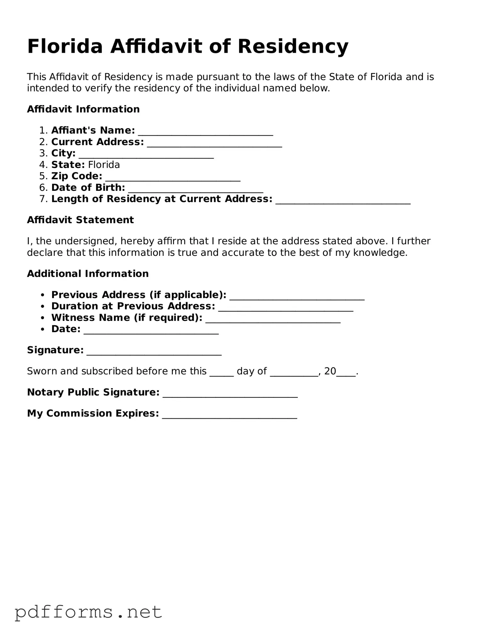 Free  Affidavit of Residency Document for Florida