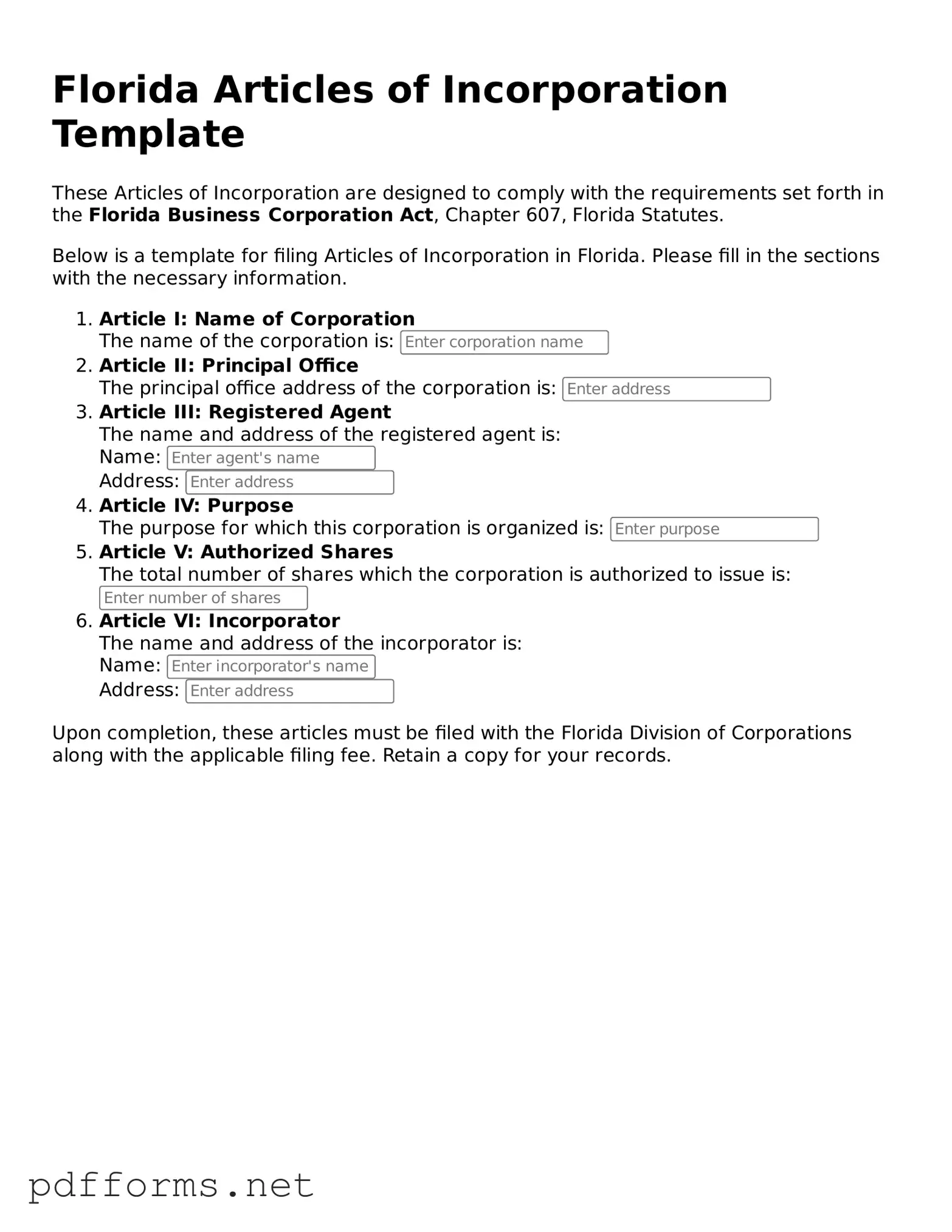 Free  Articles of Incorporation Document for Florida