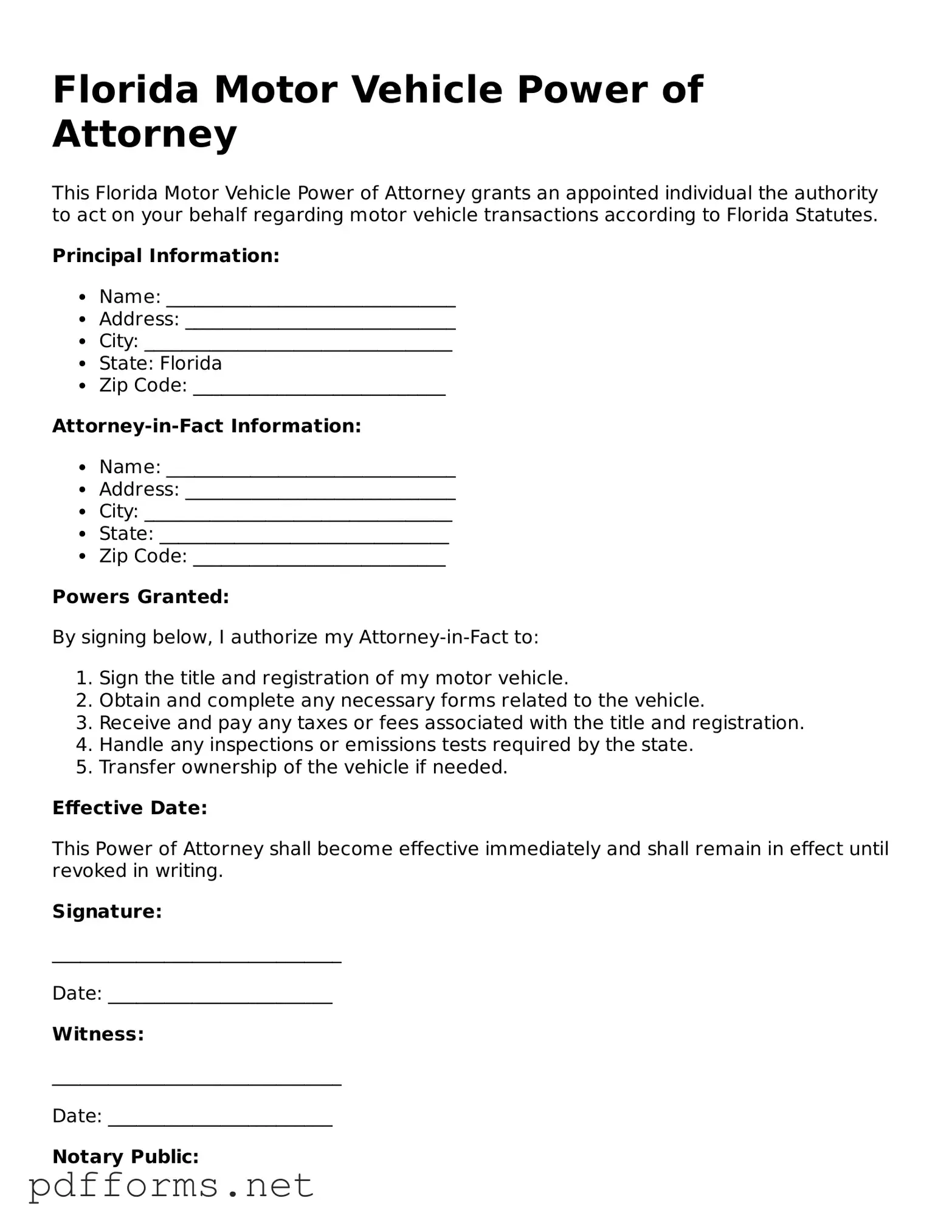 Free  Motor Vehicle Power of Attorney Document for Florida