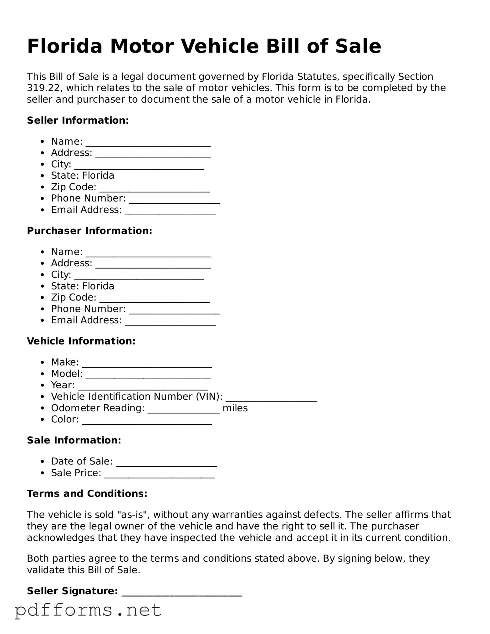 Free  Motor Vehicle Bill of Sale Document for Florida
