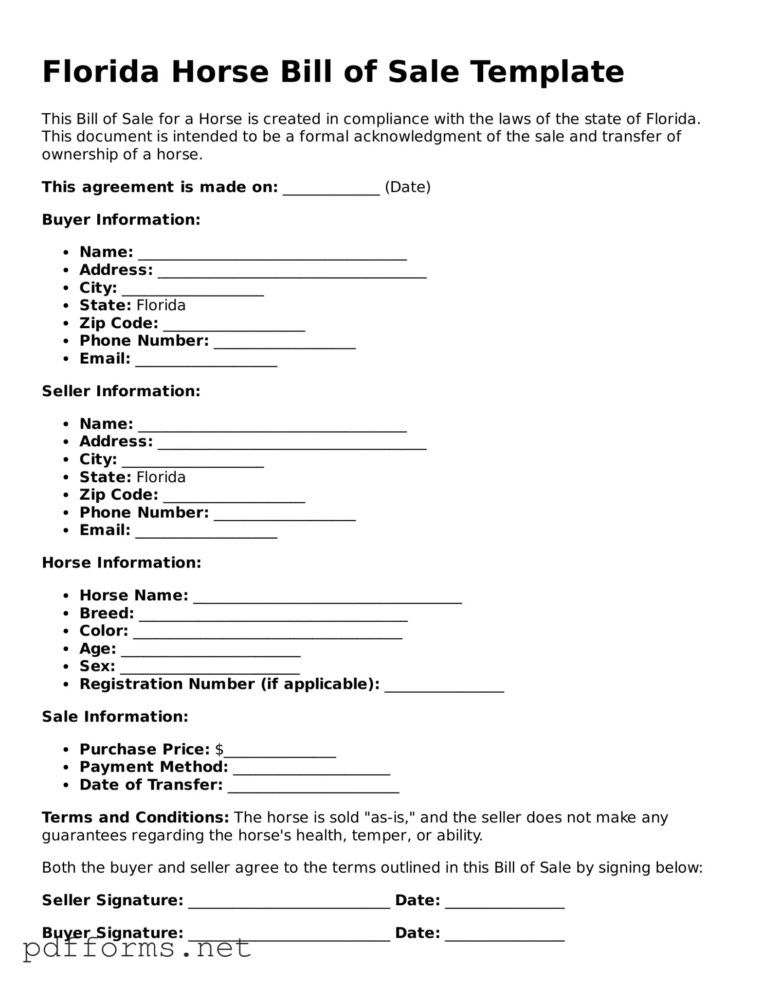 Free  Horse Bill of Sale Document for Florida