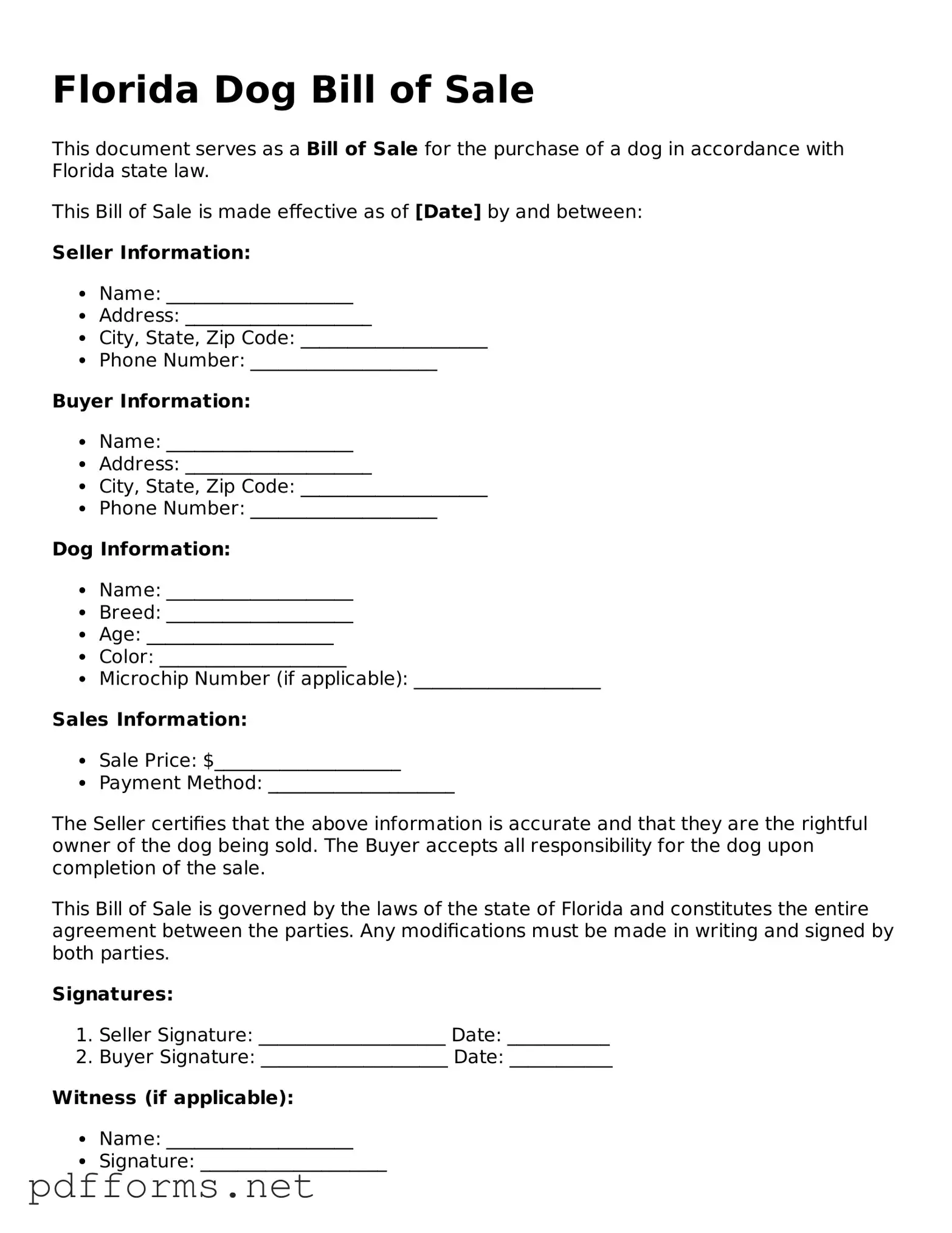 Free  Dog Bill of Sale Document for Florida