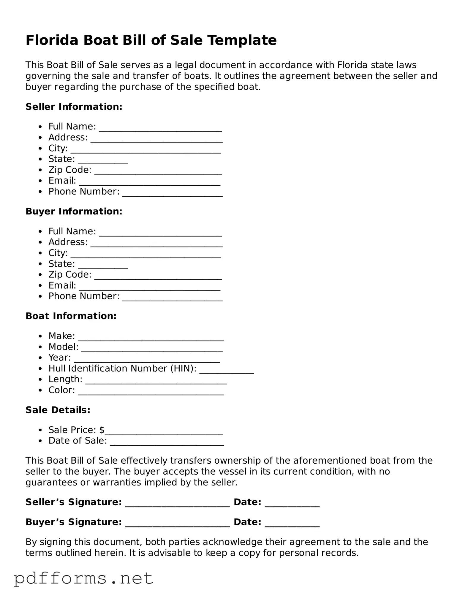 Free  Boat Bill of Sale Document for Florida