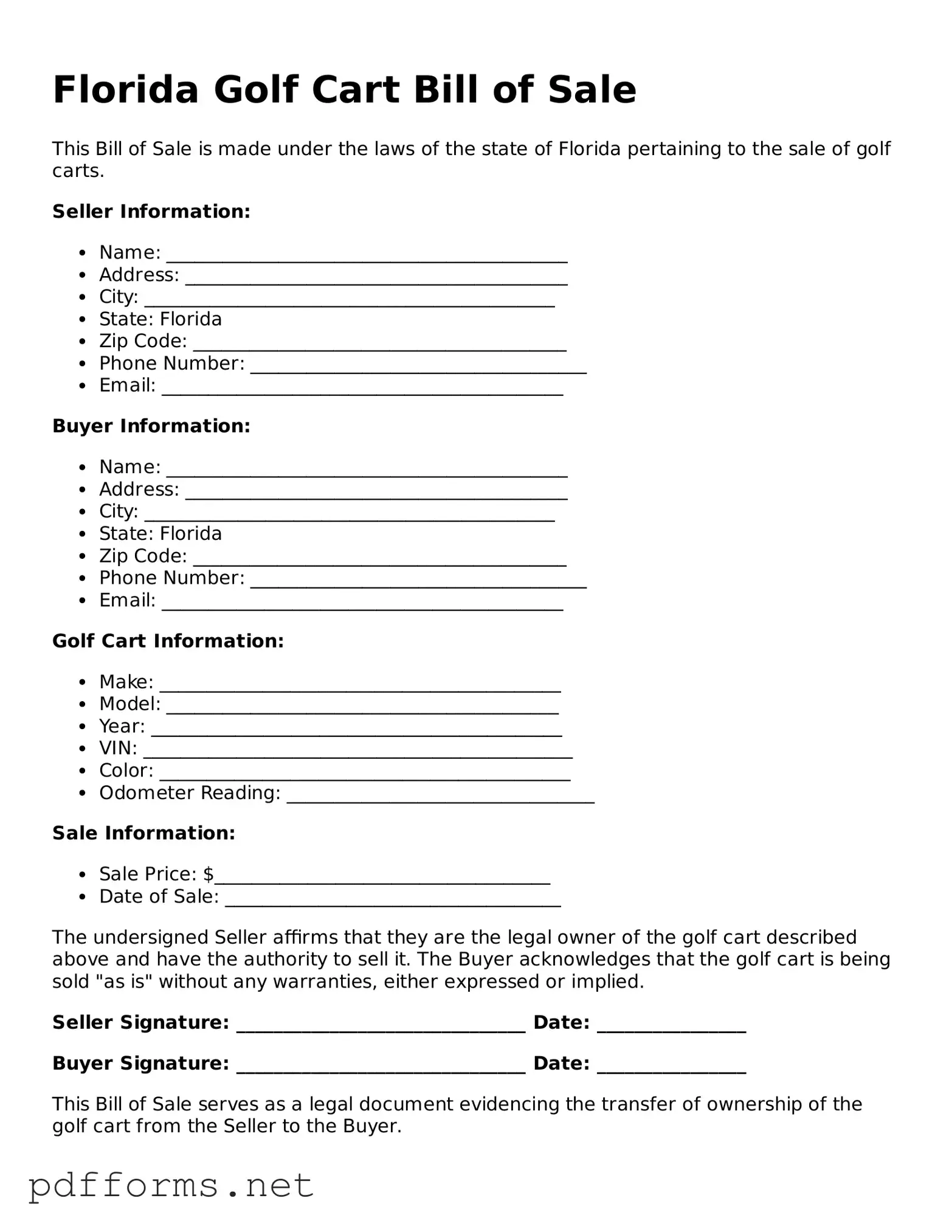 Free  Golf Cart Bill of Sale Document for Florida