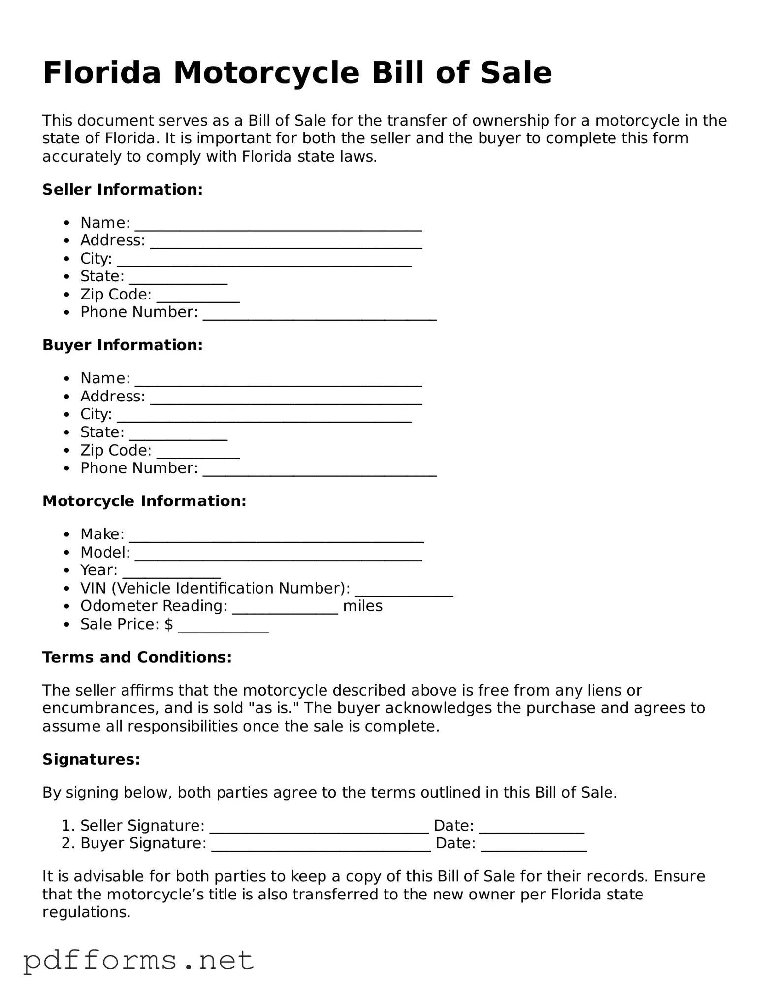 Free  Motorcycle Bill of Sale Document for Florida