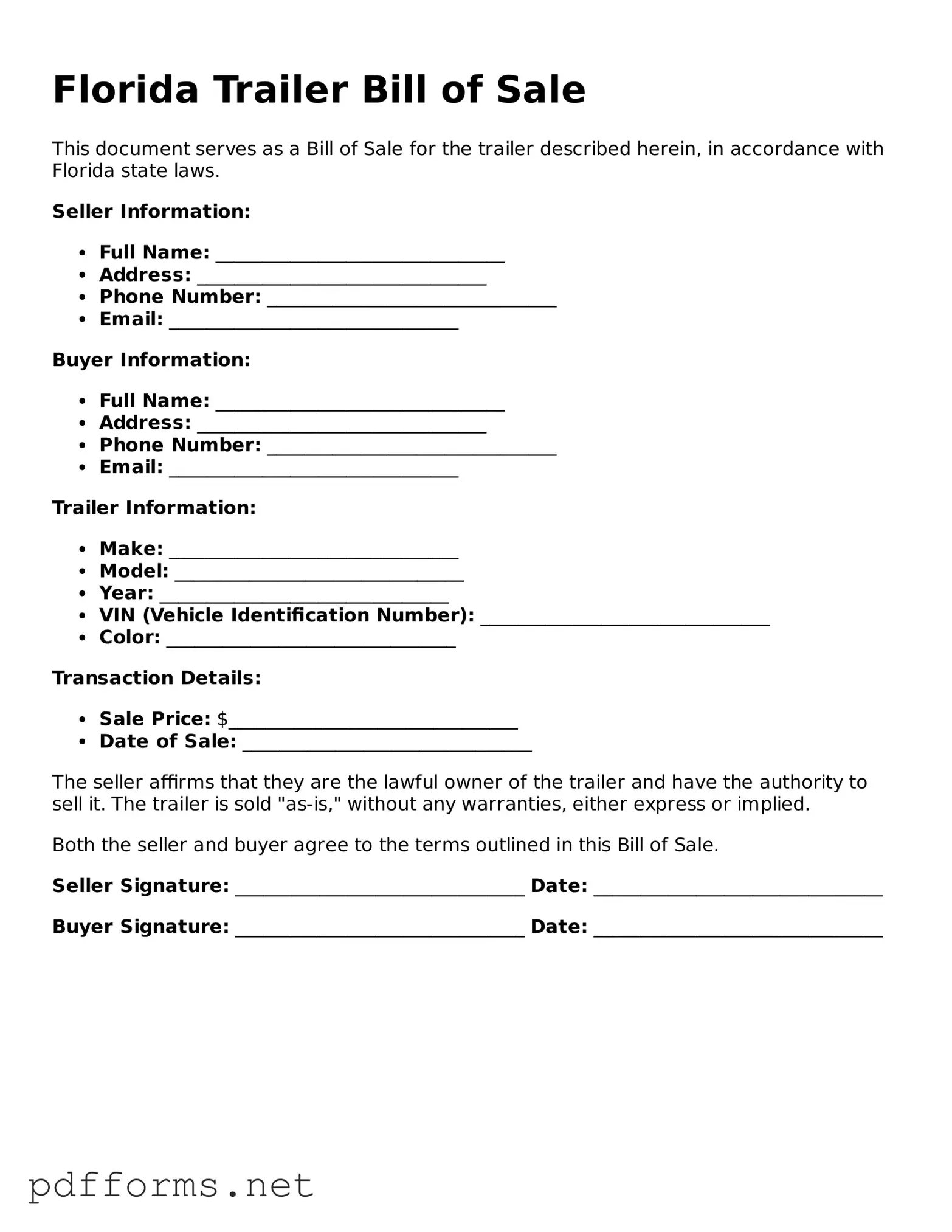 Free  Trailer Bill of Sale Document for Florida