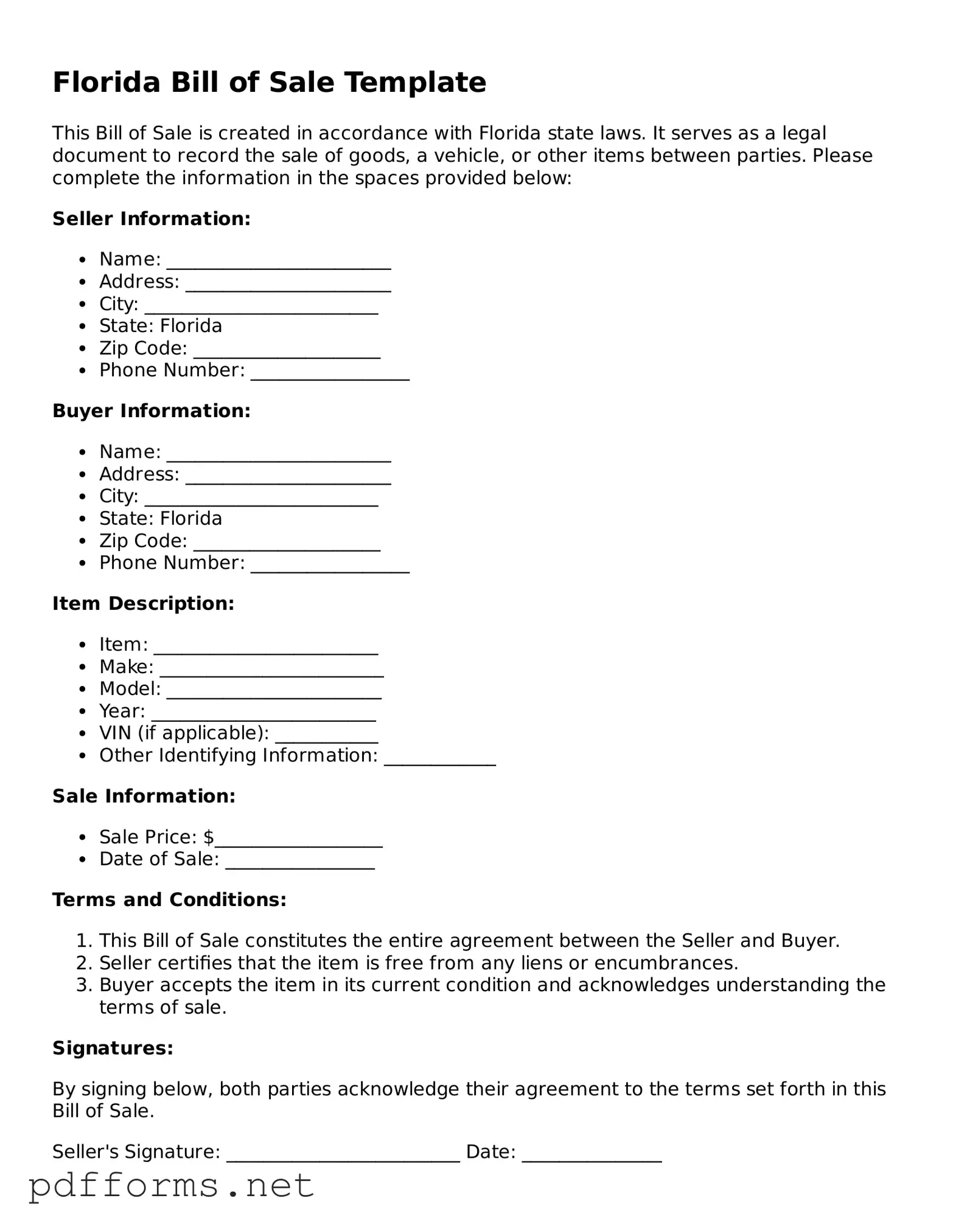 Free  Bill of Sale Document for Florida