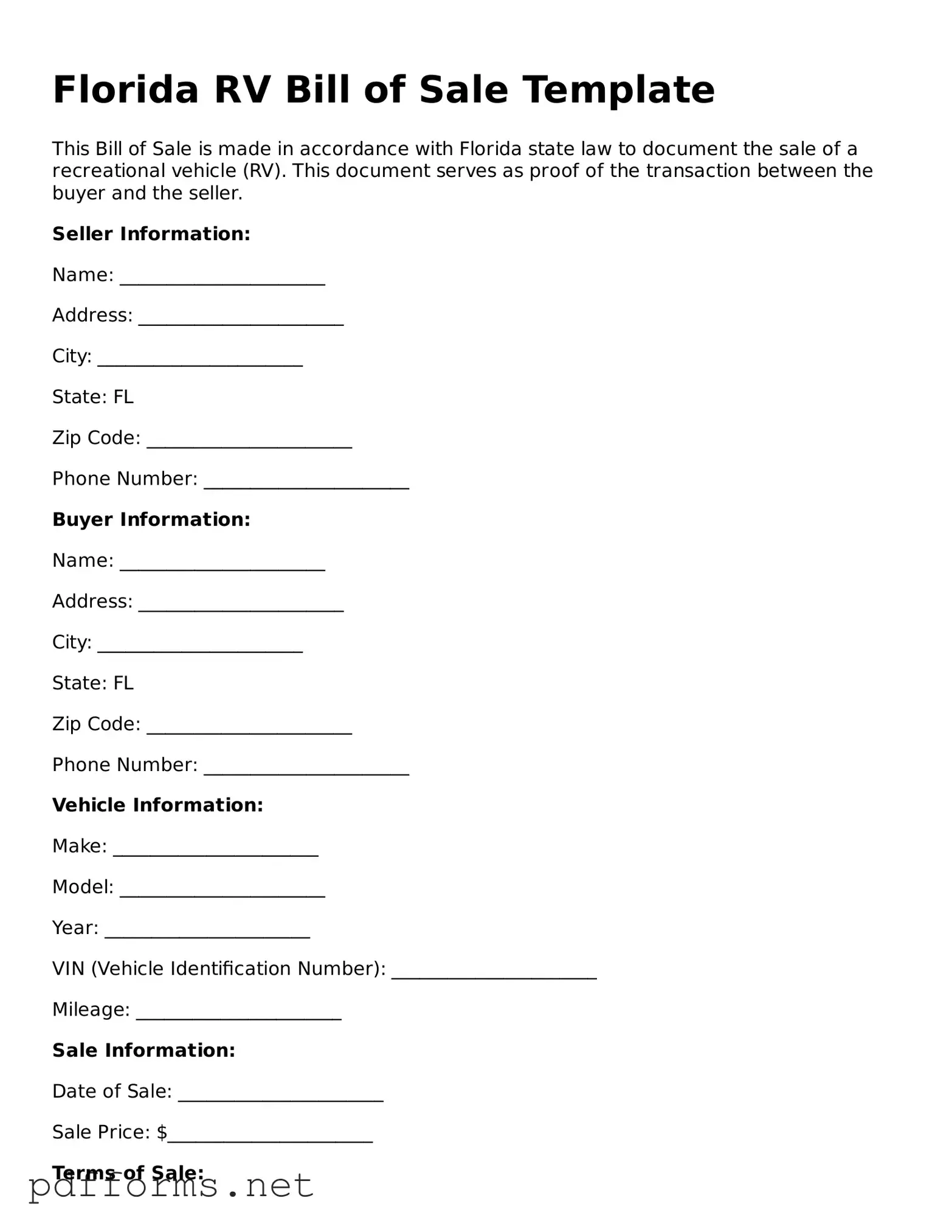 Free  RV Bill of Sale Document for Florida