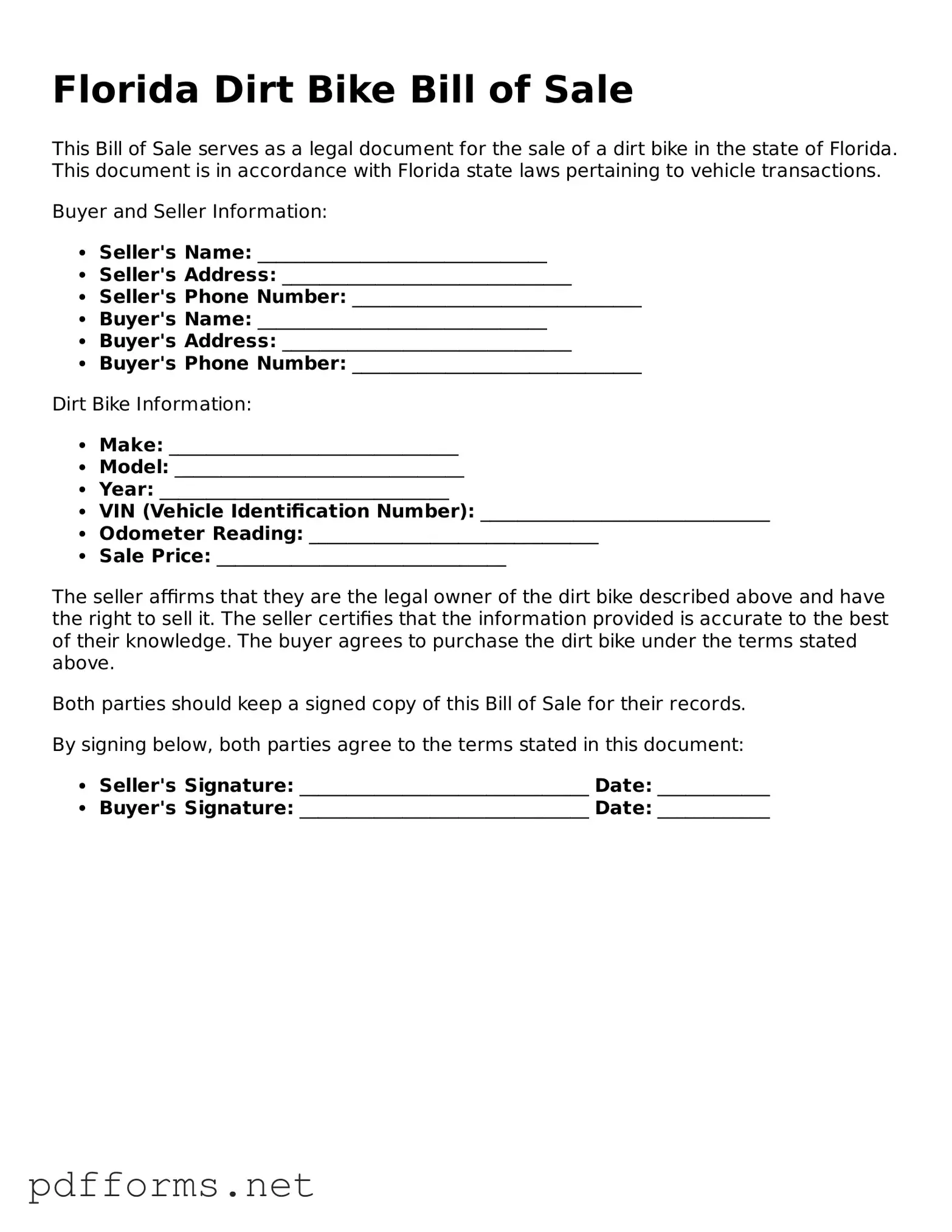 Free  Dirt Bike Bill of Sale Document for Florida