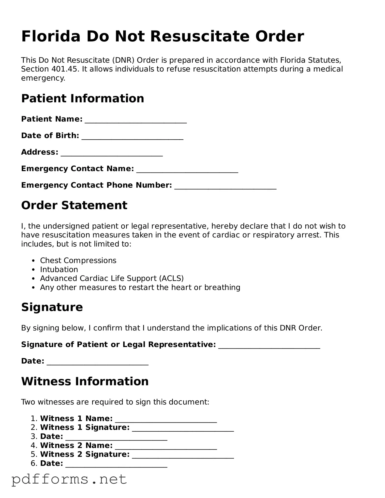 Free  Do Not Resuscitate Order Document for Florida