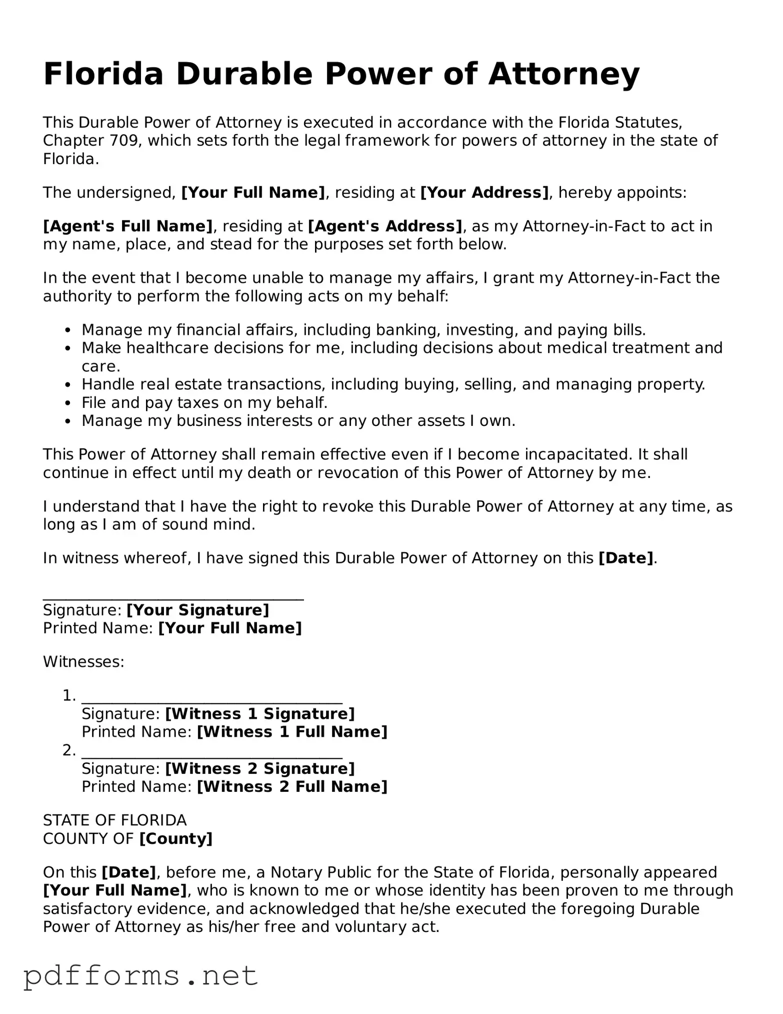 Free  Durable Power of Attorney Document for Florida
