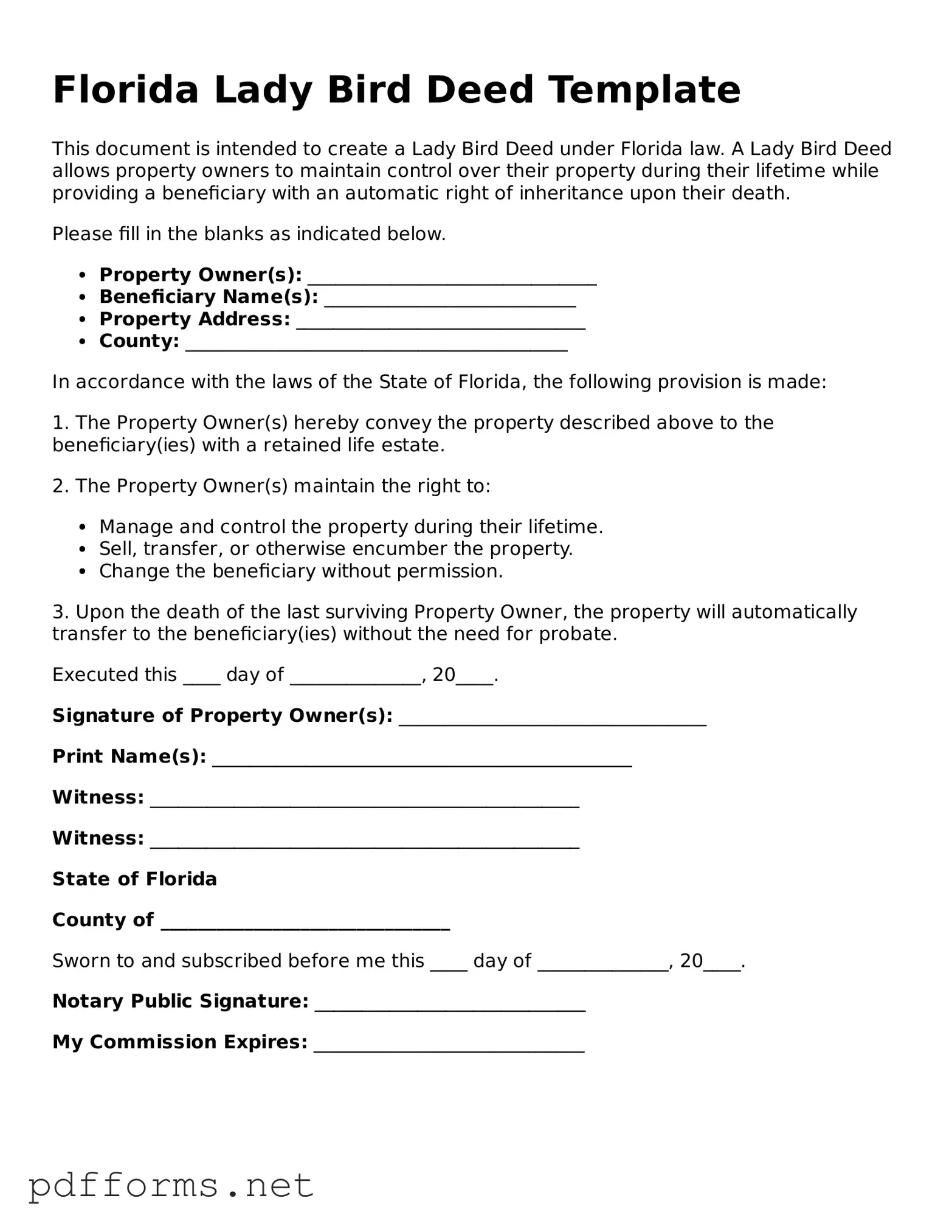 Free  Lady Bird Deed Document for Florida