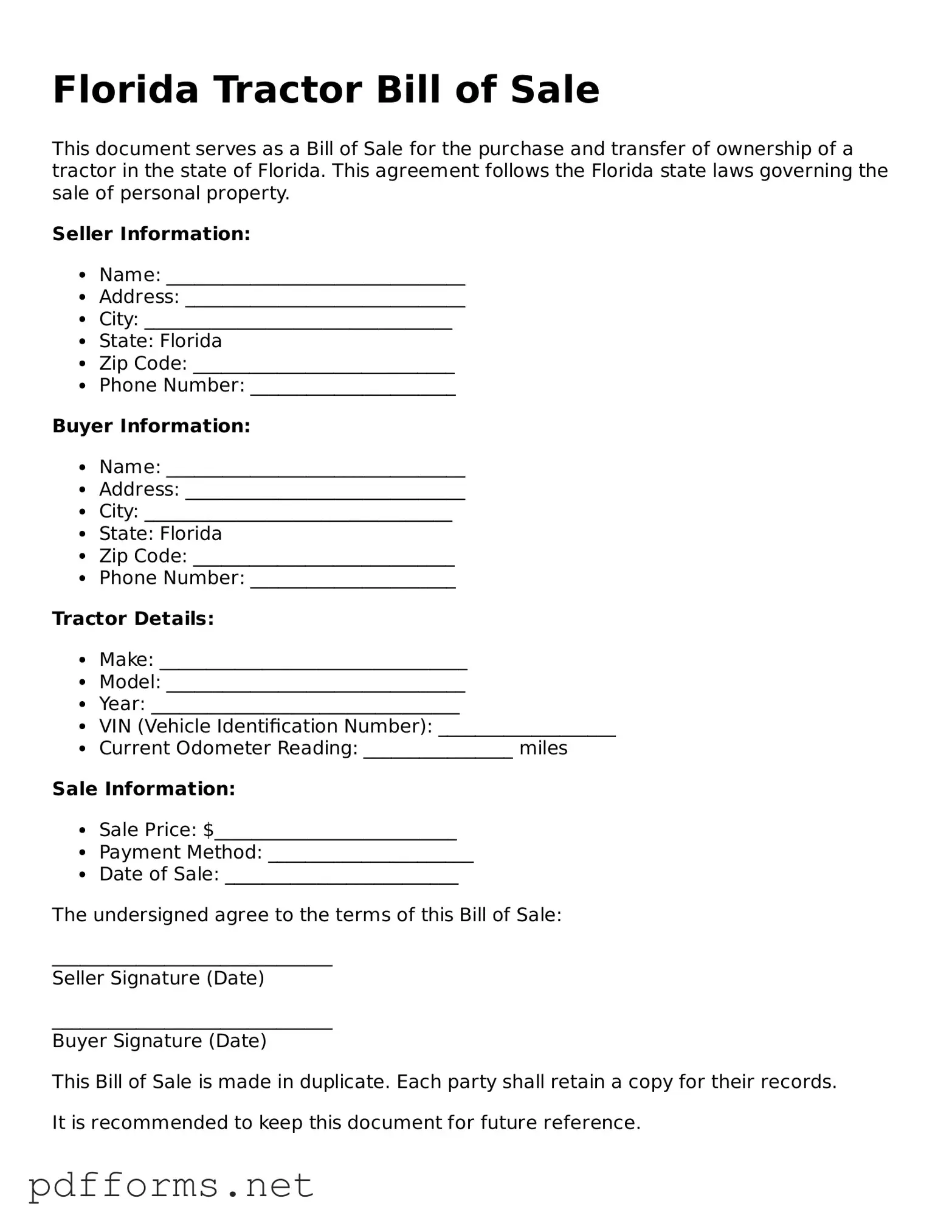 Free  Tractor Bill of Sale Document for Florida