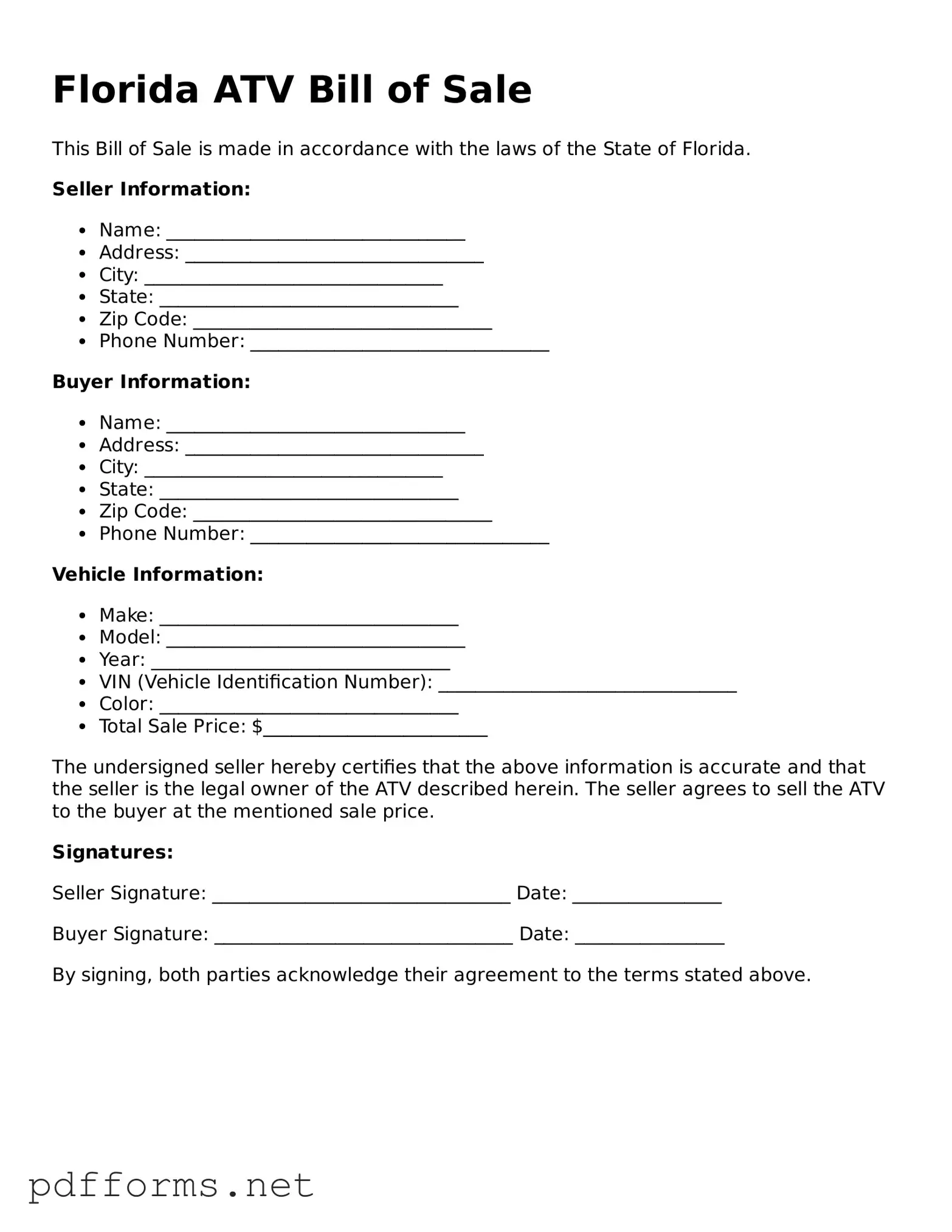 Free  ATV Bill of Sale Document for Florida