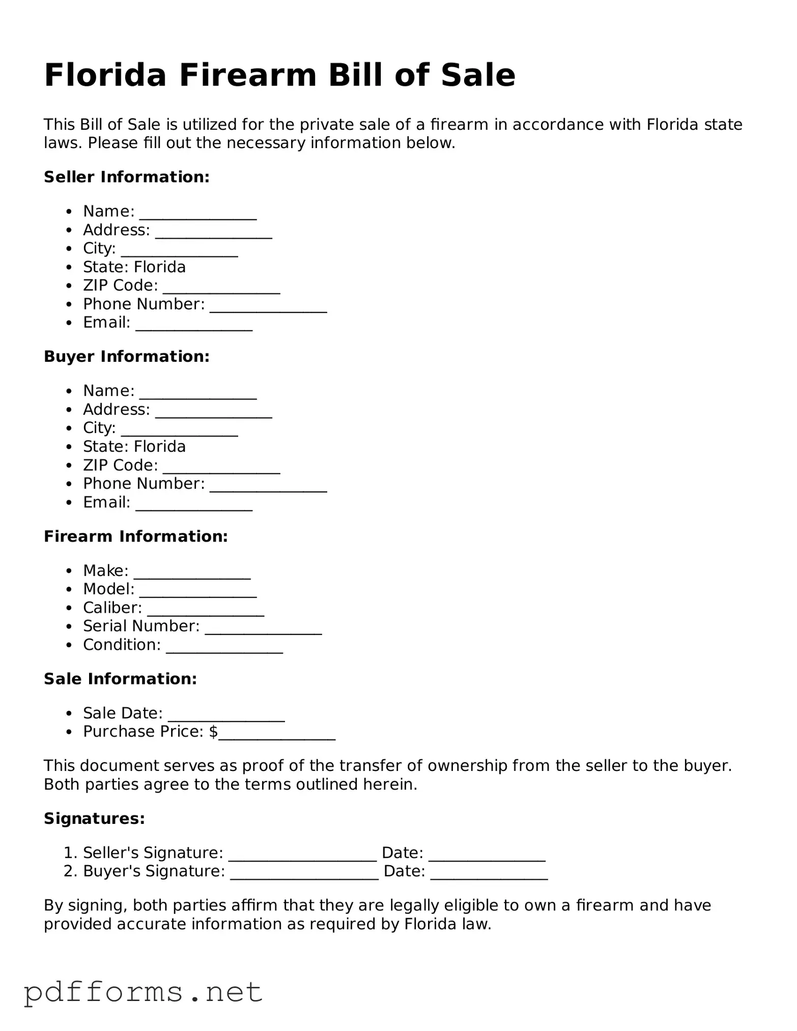 Free  Firearm Bill of Sale Document for Florida