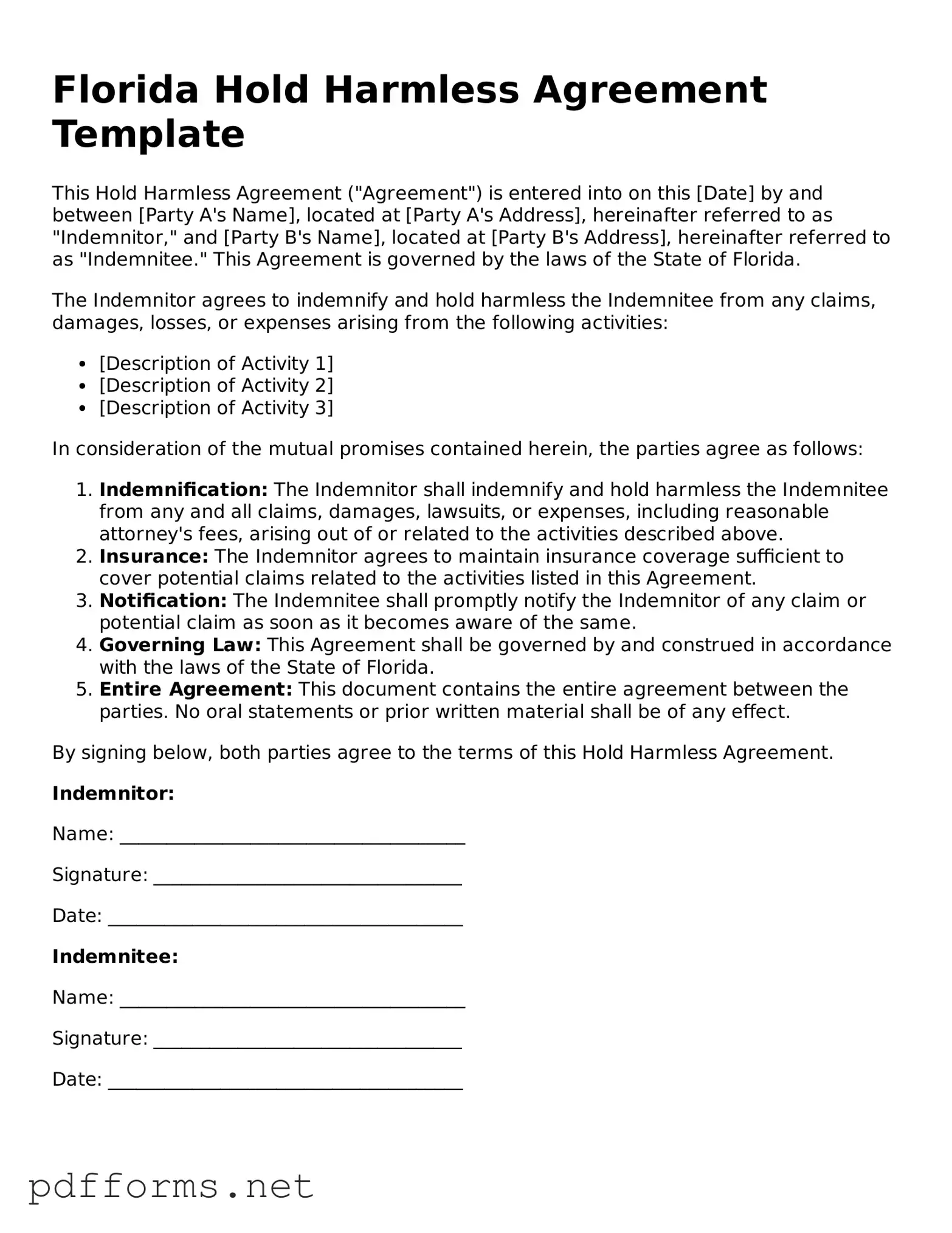 Free  Hold Harmless Agreement Document for Florida
