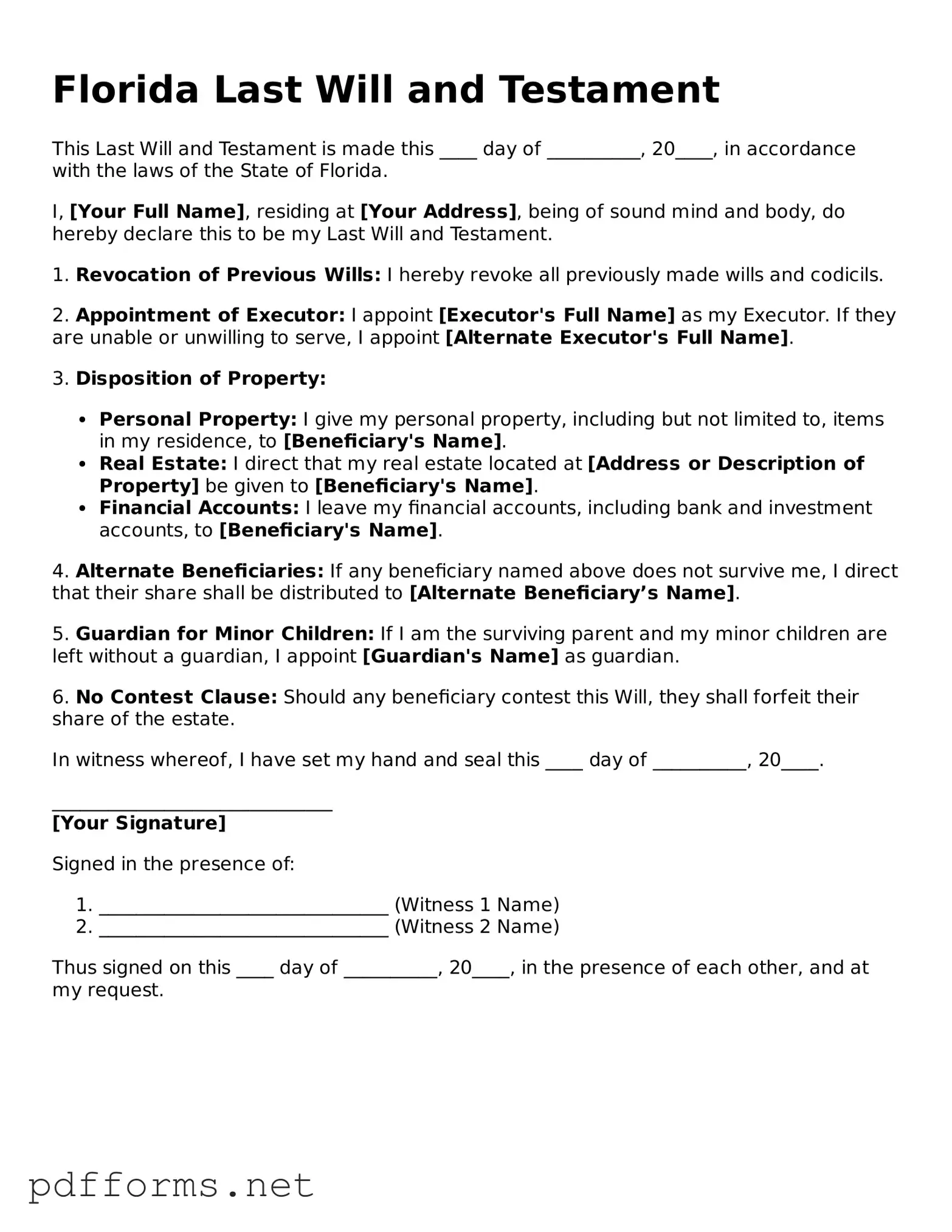Free  Last Will and Testament Document for Florida