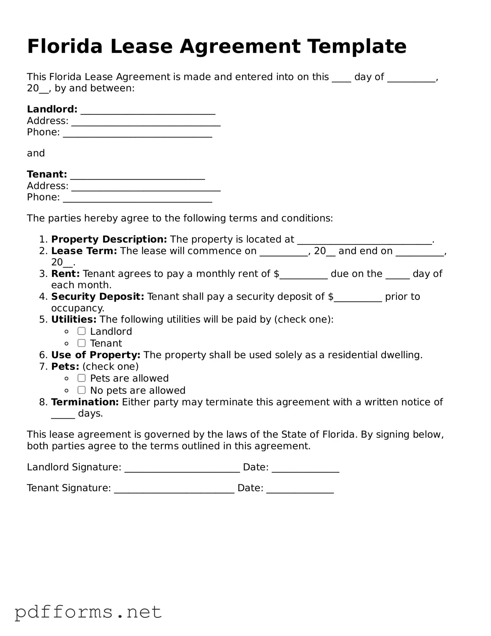 Free  Lease Agreement Document for Florida