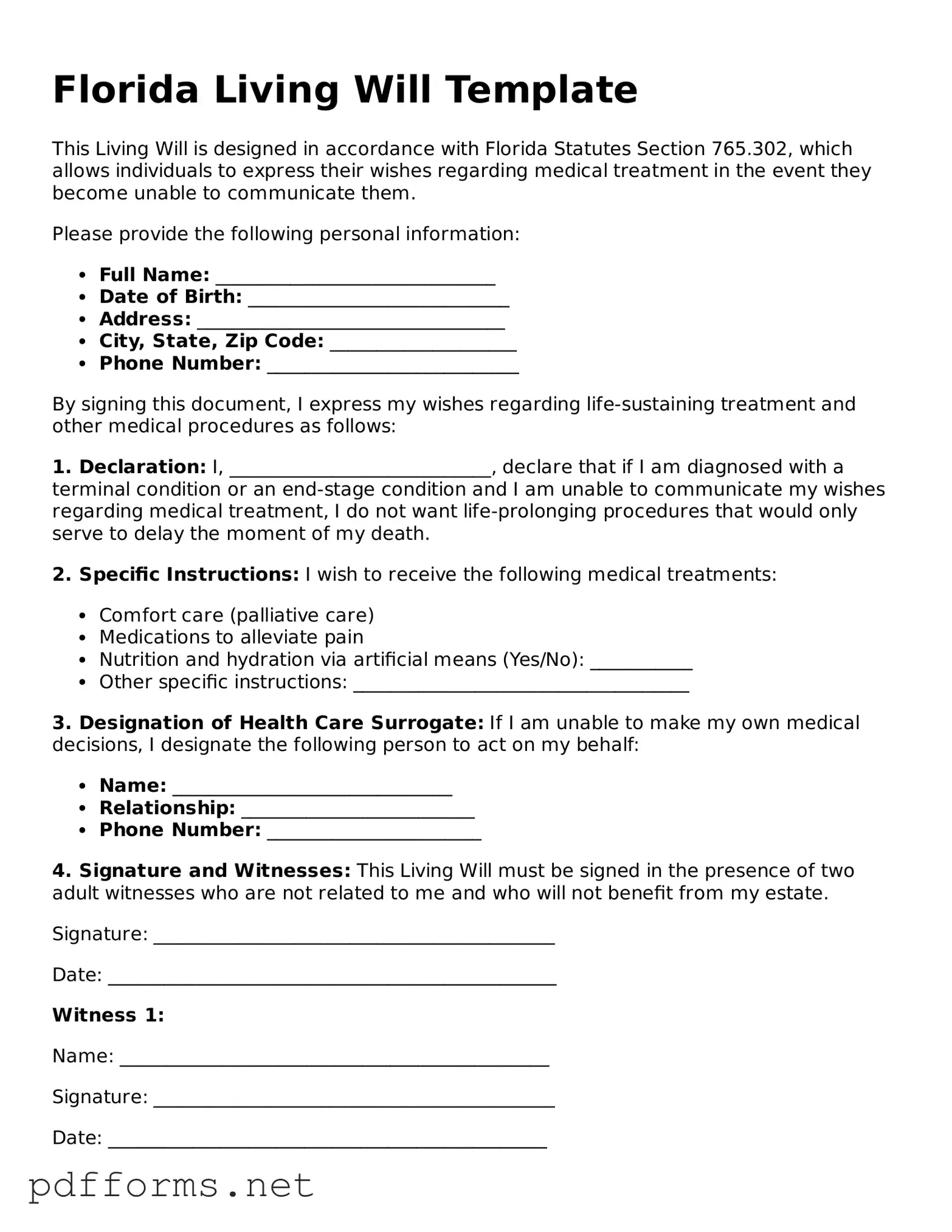 Free  Living Will Document for Florida