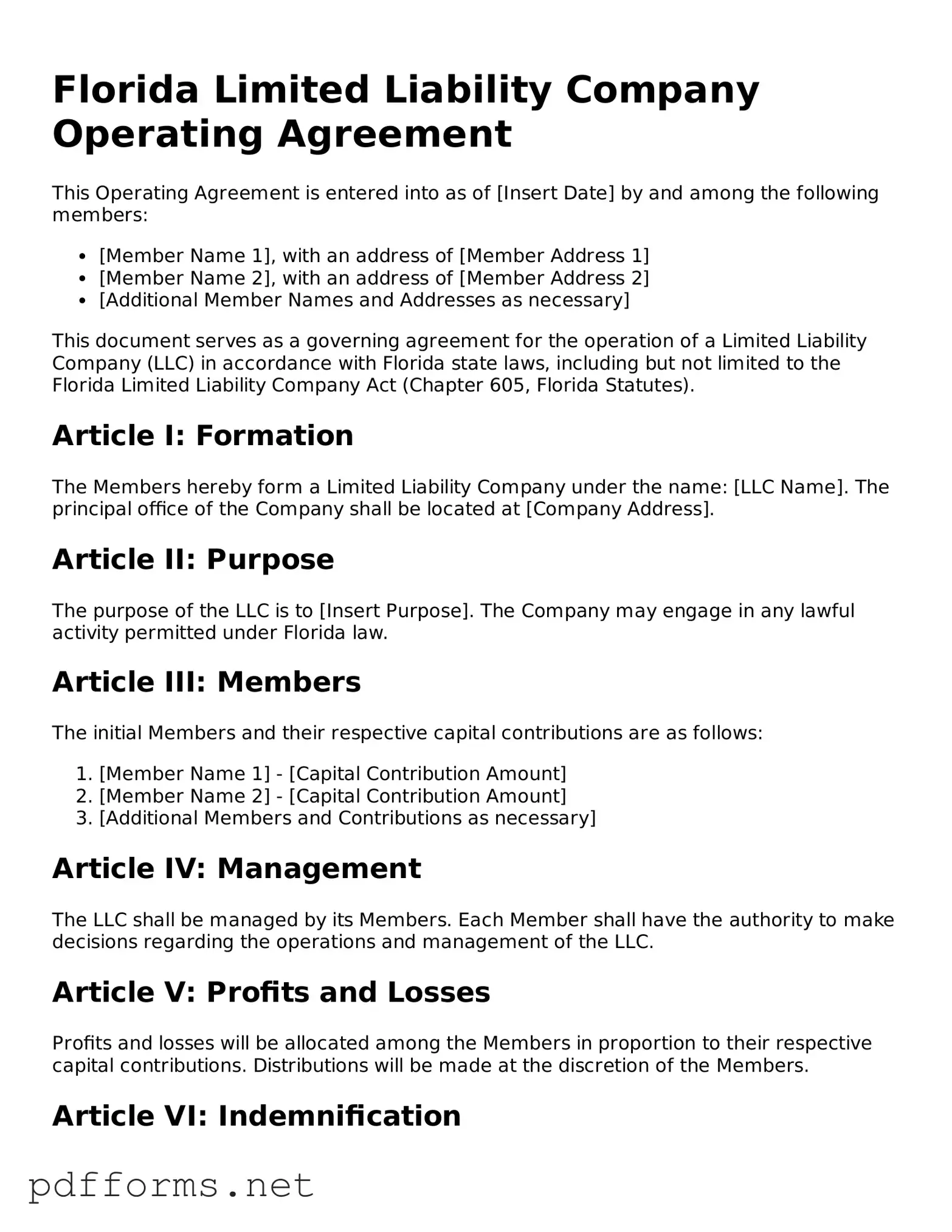 Free  Operating Agreement Document for Florida