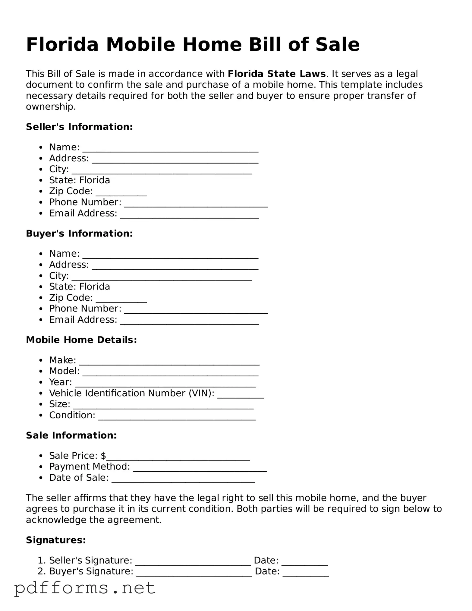 Free  Mobile Home Bill of Sale Document for Florida