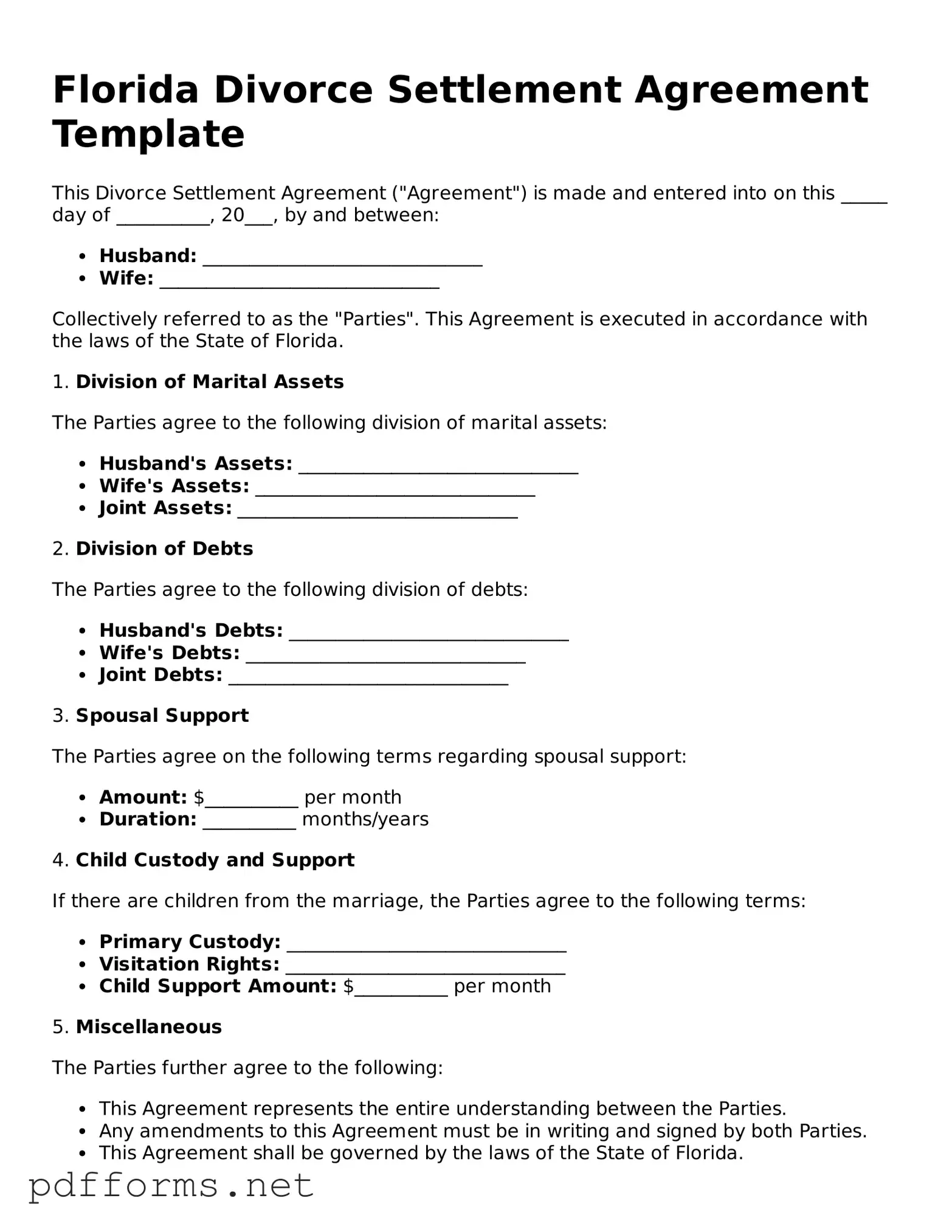 Free  Divorce Settlement Agreement Document for Florida