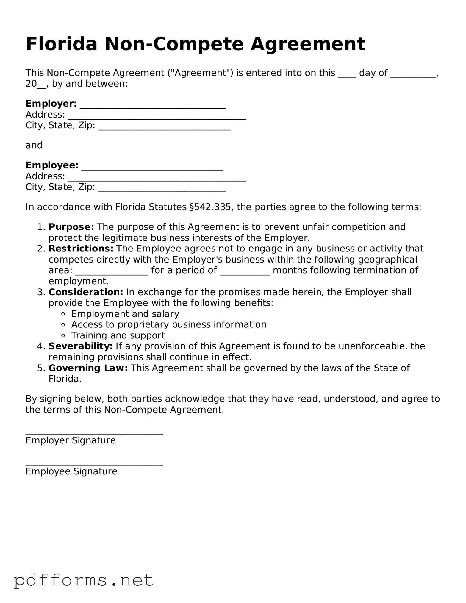 Free  Non-compete Agreement Document for Florida
