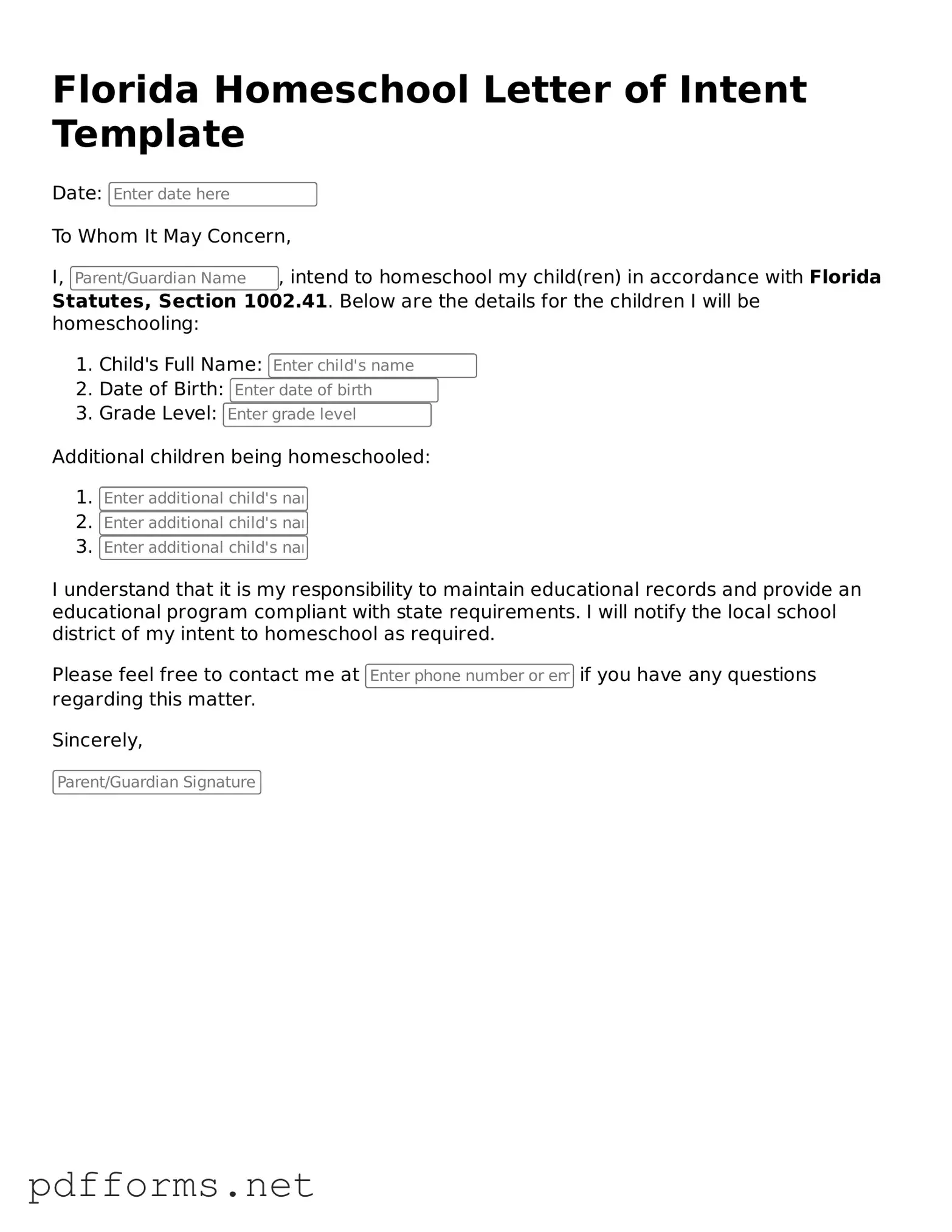 Free  Homeschool Letter of Intent Document for Florida
