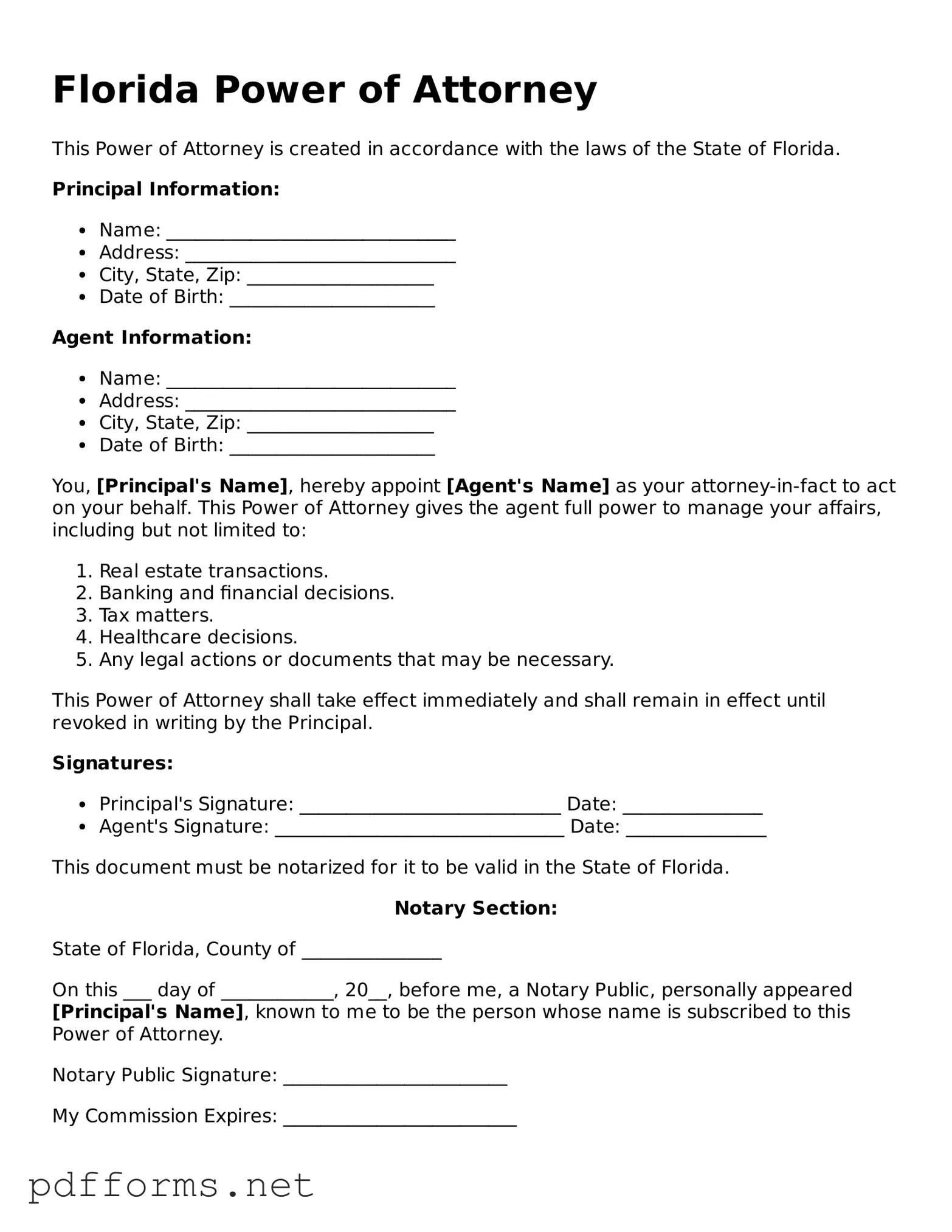 Free  Power of Attorney Document for Florida