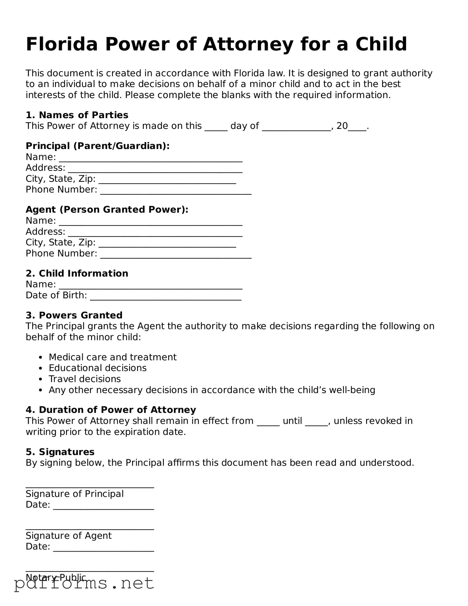 Free  Power of Attorney for a Child Document for Florida