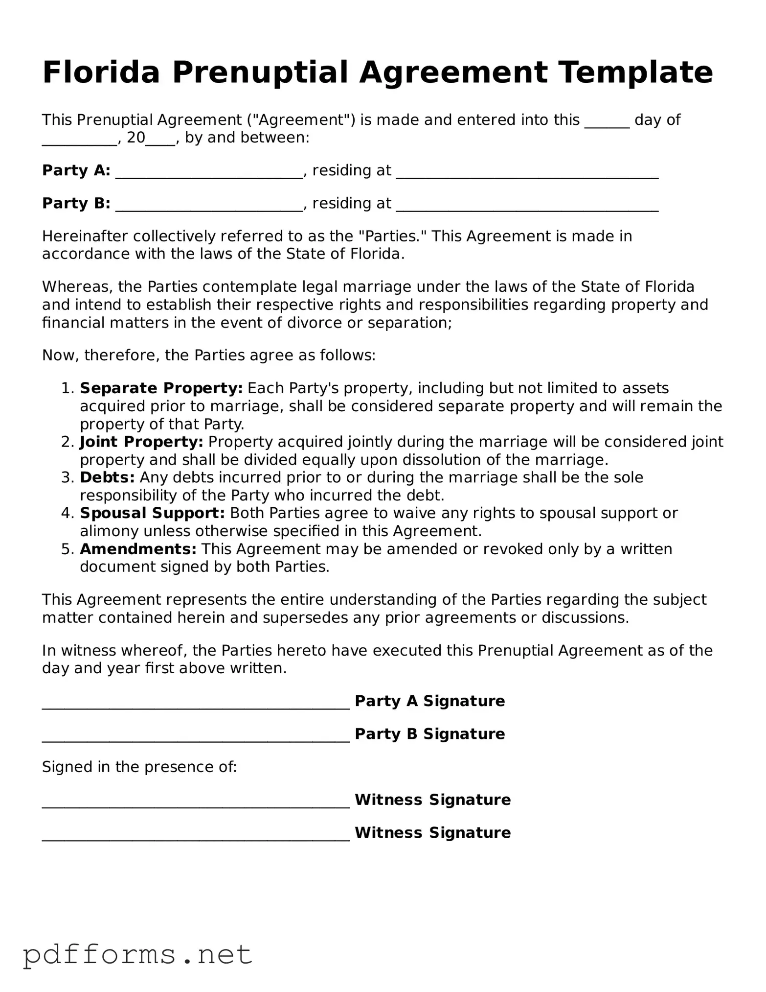 Free  Prenuptial Agreement Document for Florida