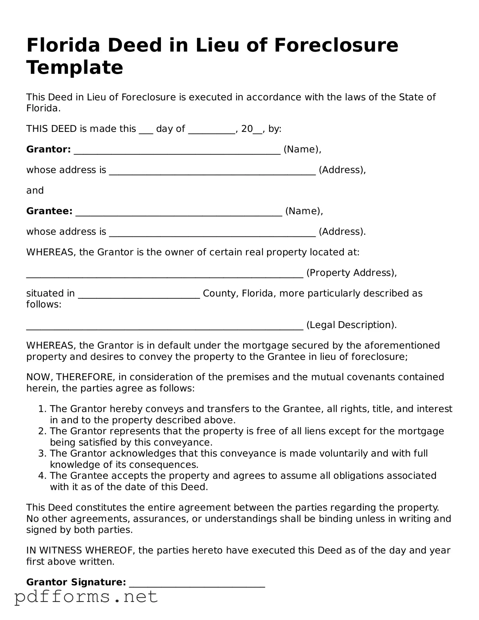 Free  Deed in Lieu of Foreclosure Document for Florida