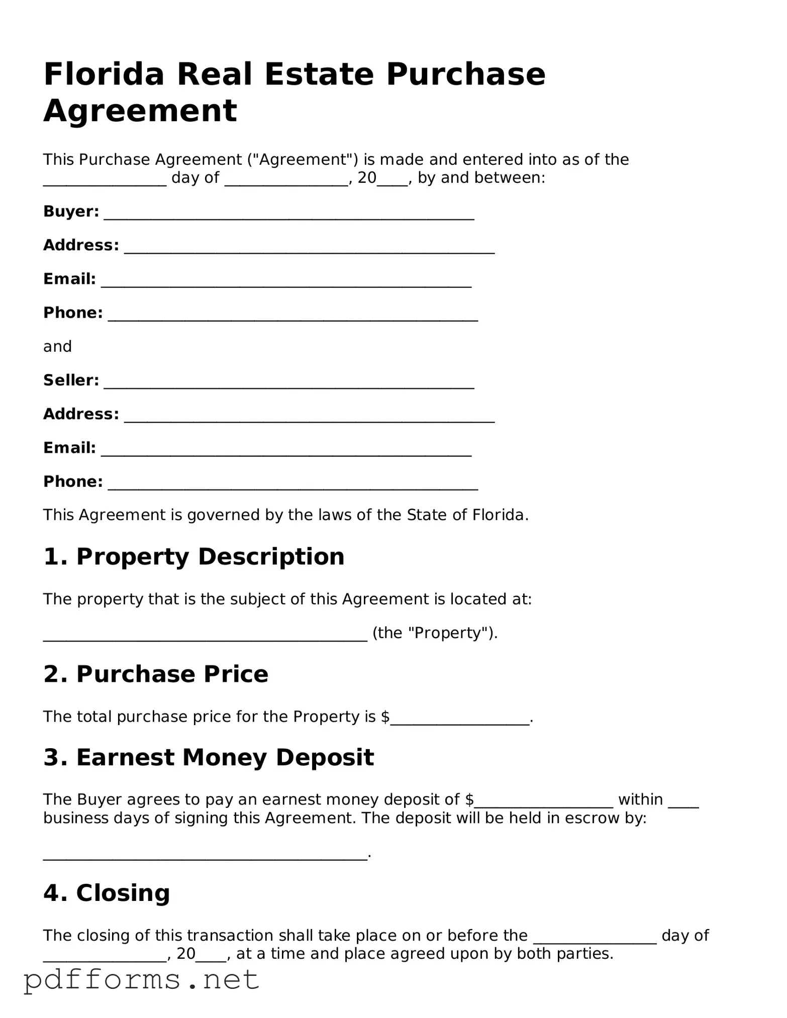 Free  Real Estate Purchase Agreement Document for Florida