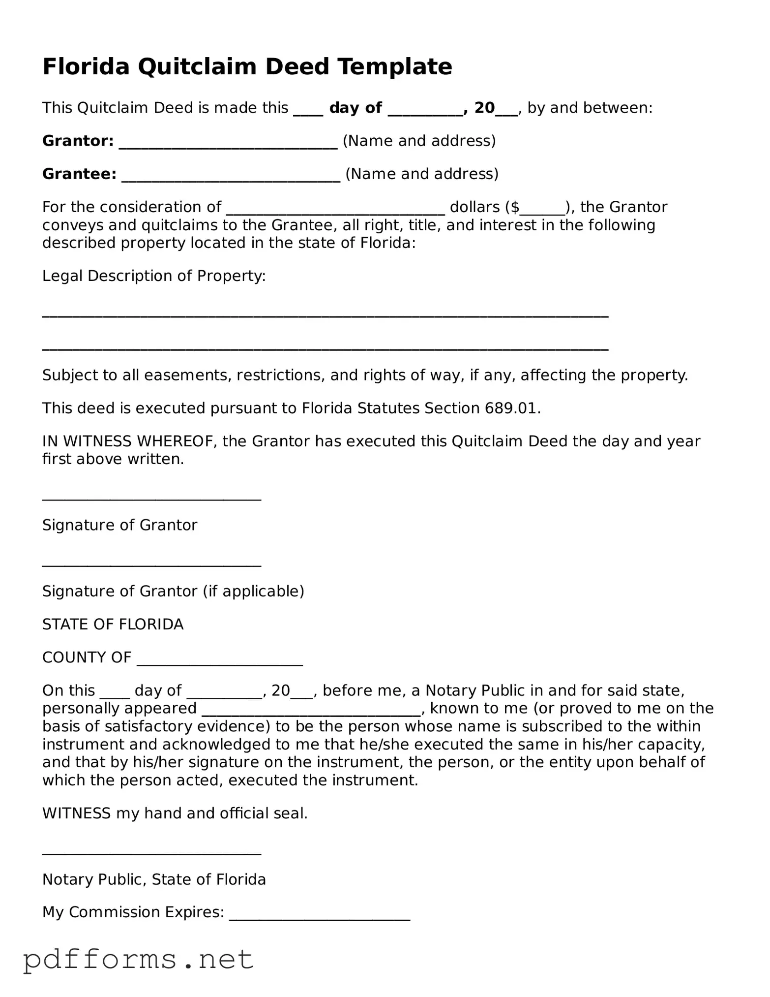 Free  Quitclaim Deed Document for Florida