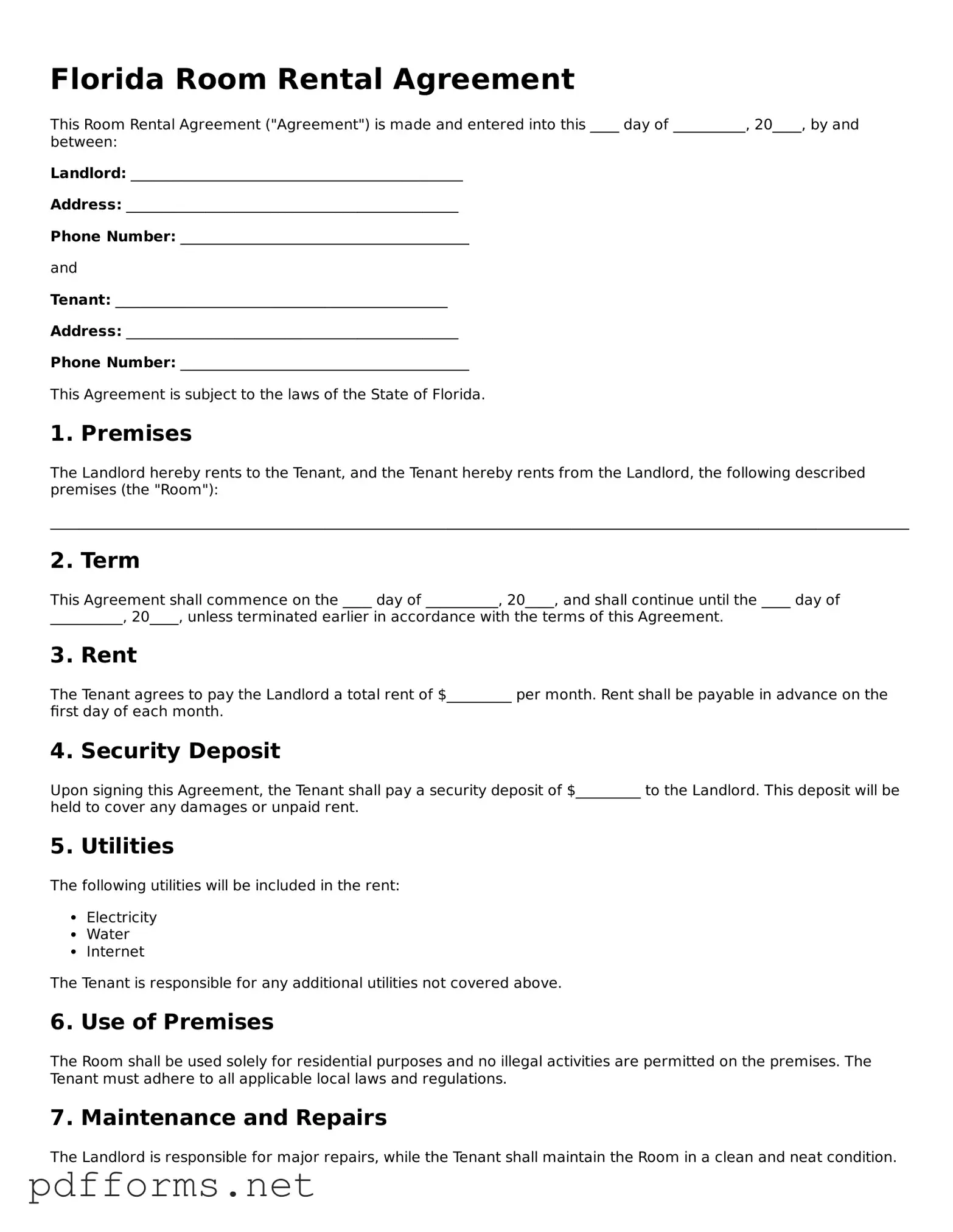 Free  Room Rental Agreement Document for Florida