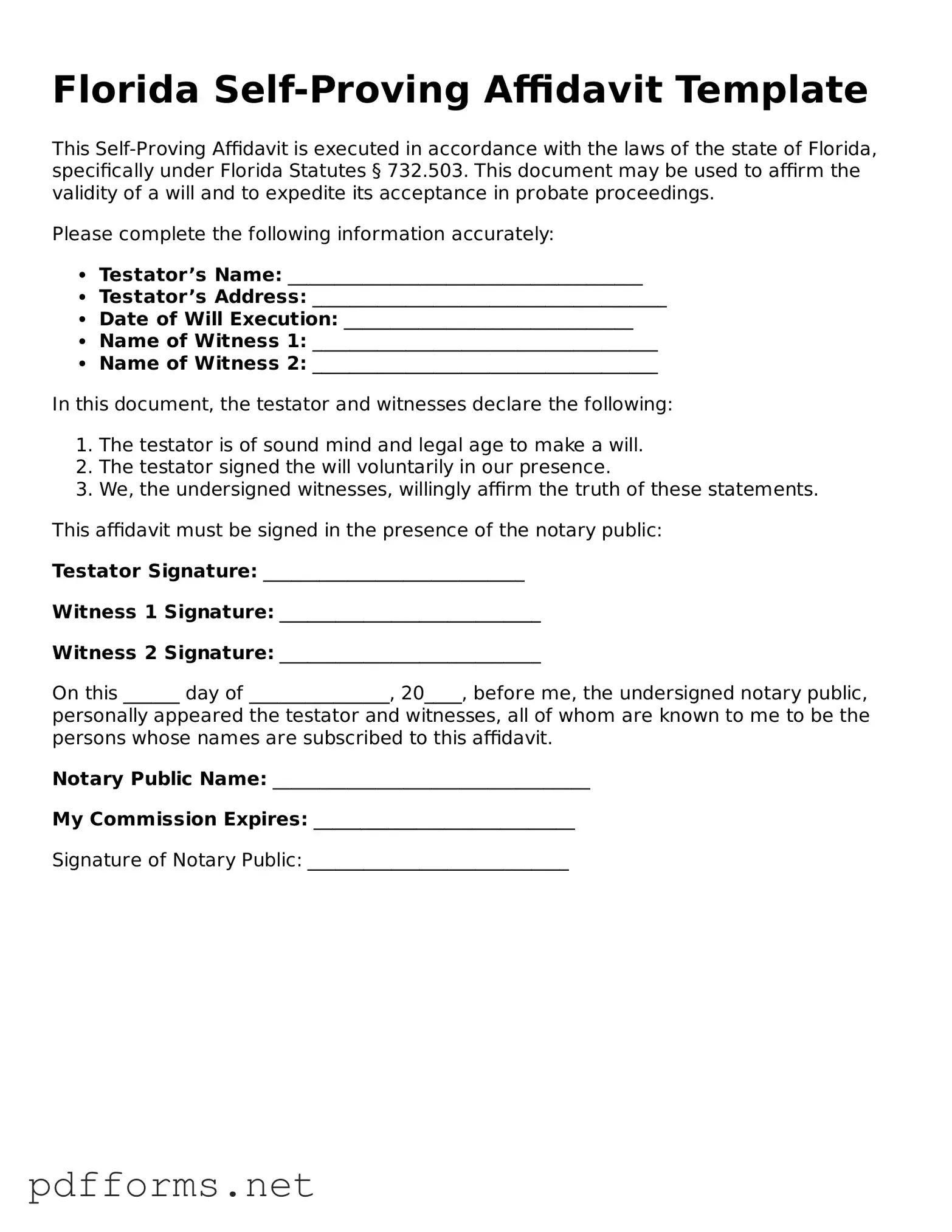 Free  Self-Proving Affidavit Document for Florida