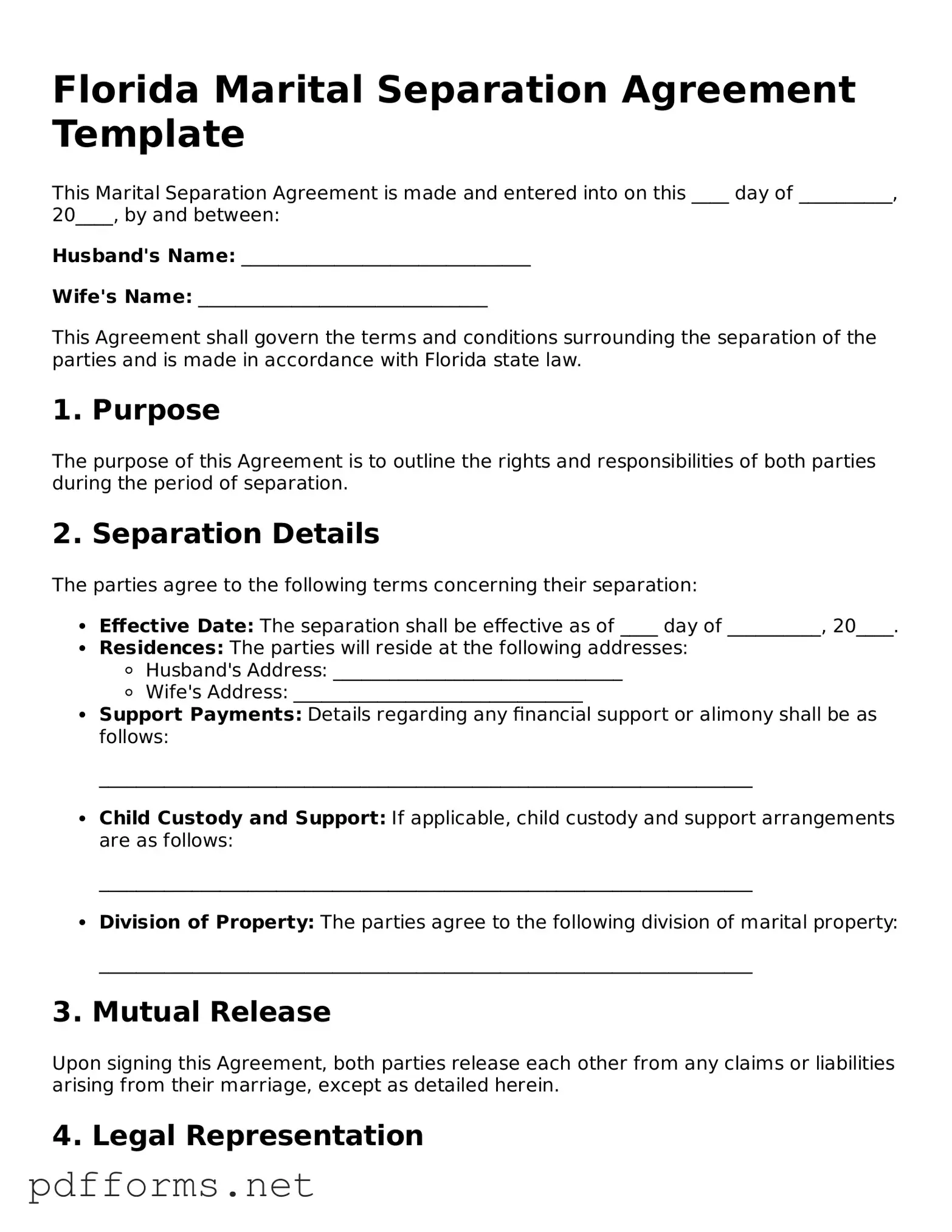 Free  Marital Separation Agreement Document for Florida