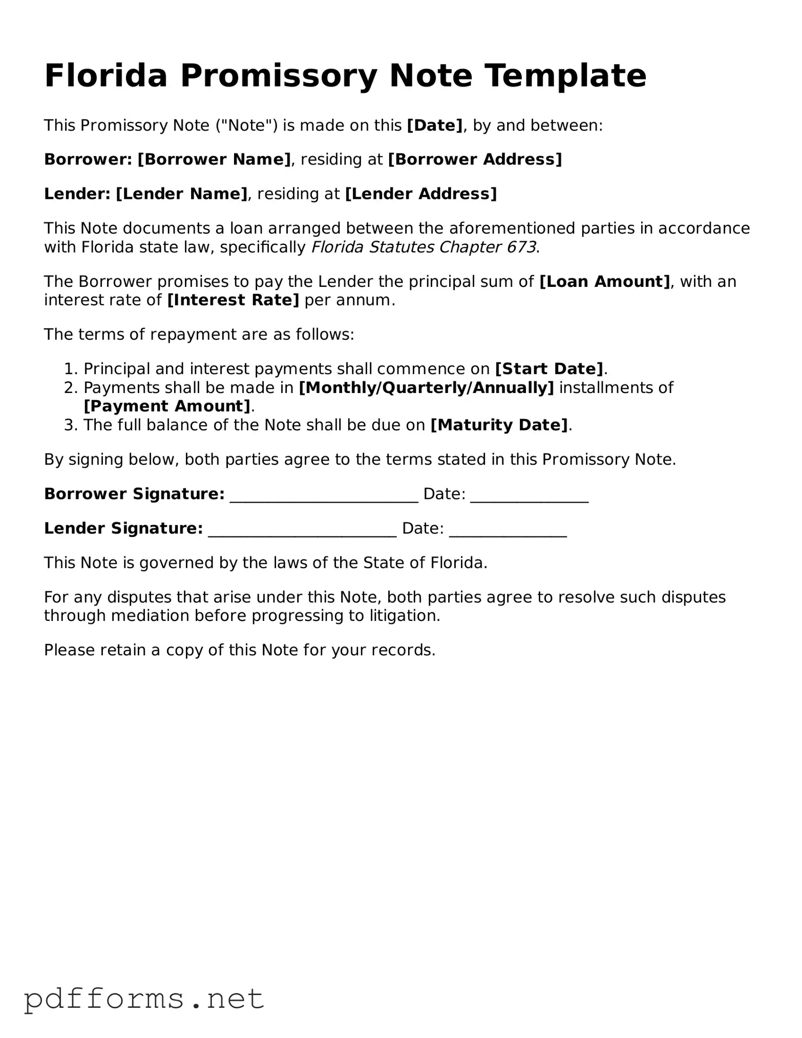 Free  Promissory Note Document for Florida