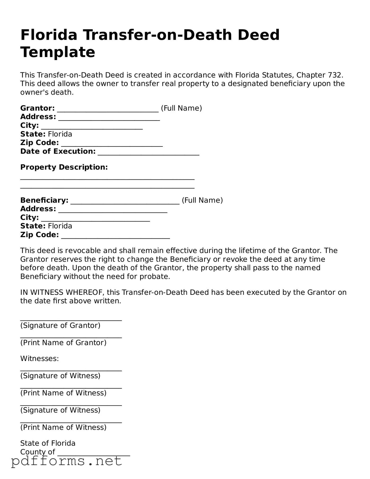 Free  Transfer-on-Death Deed Document for Florida