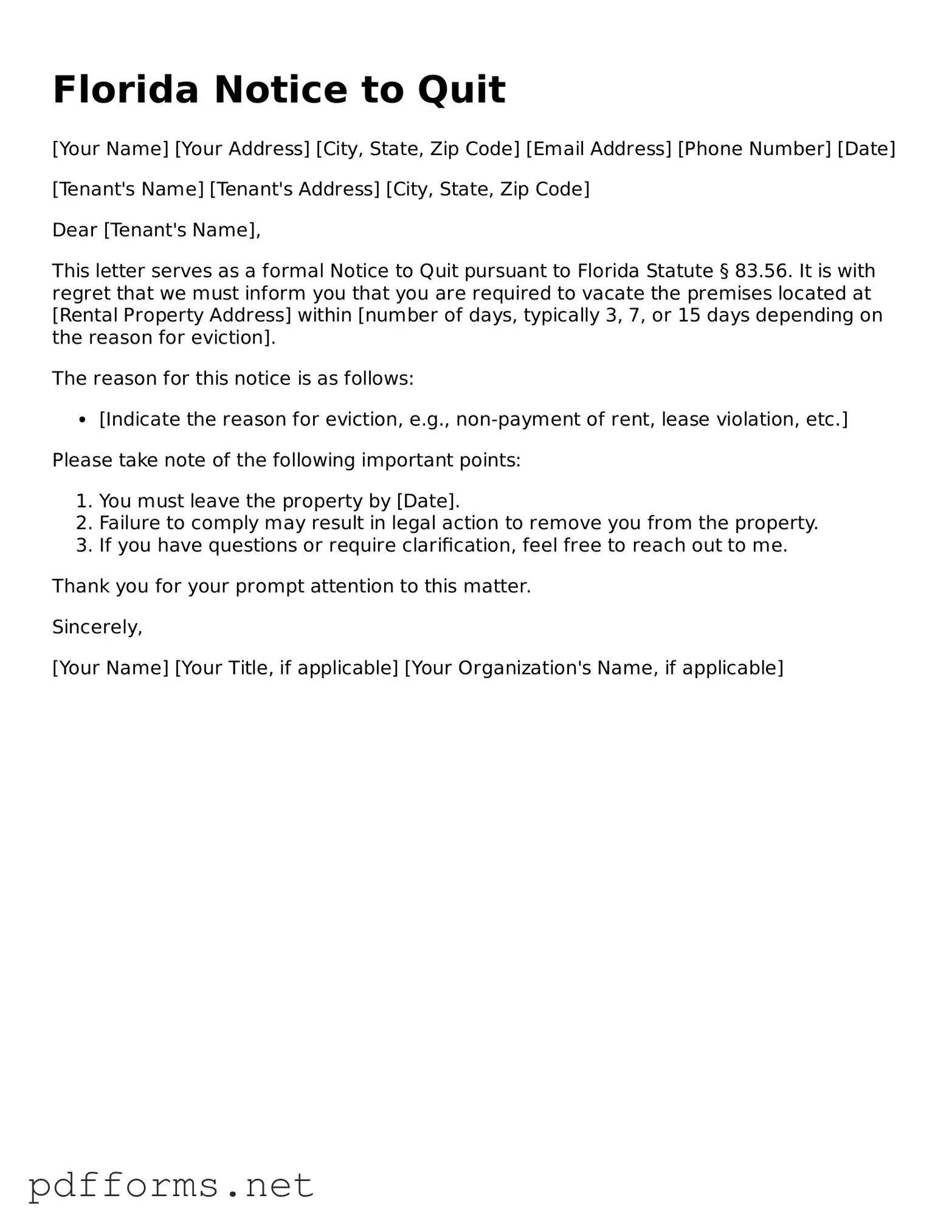Free  Notice to Quit Document for Florida