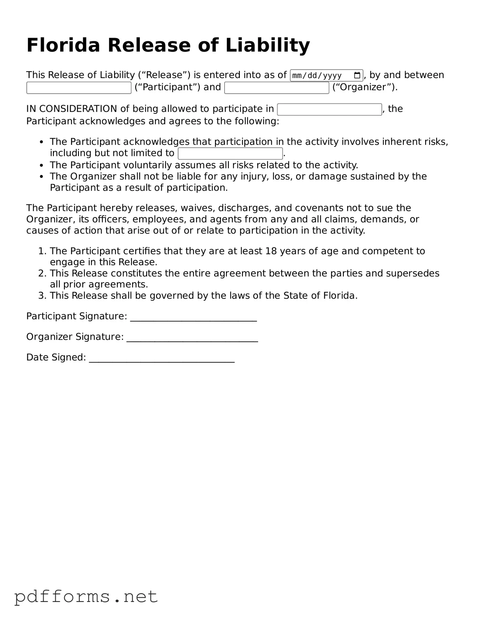 Free  Release of Liability Document for Florida